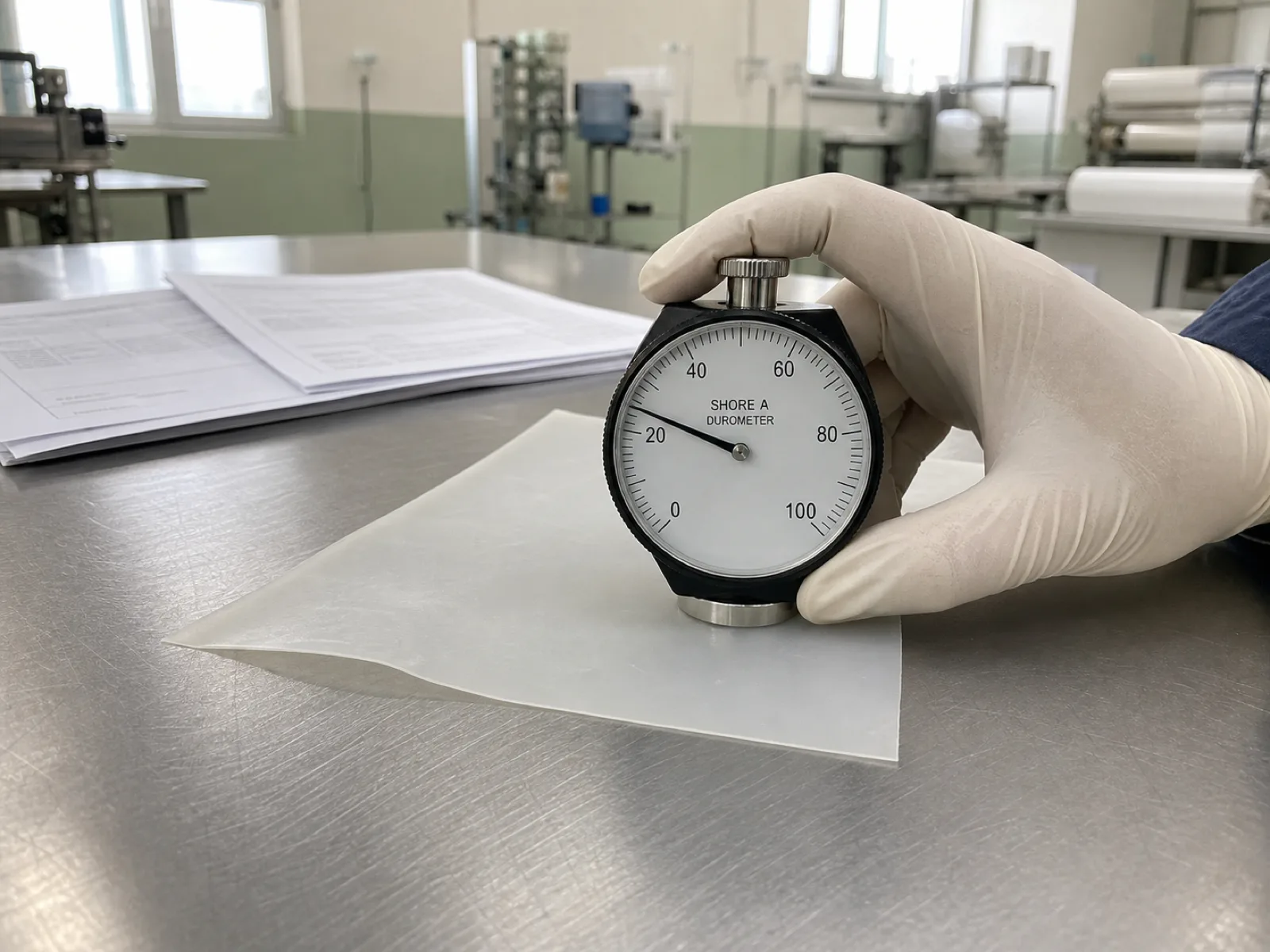 Durometer QC bench measuring Shore A hardness on a medical-grade silicone gel sheet — analog durometer reading 22 on a 0.3 mm platinum-cured sheet, USP Class VI test paperwork stacked behind, at a silicone scar sheet manufacturer