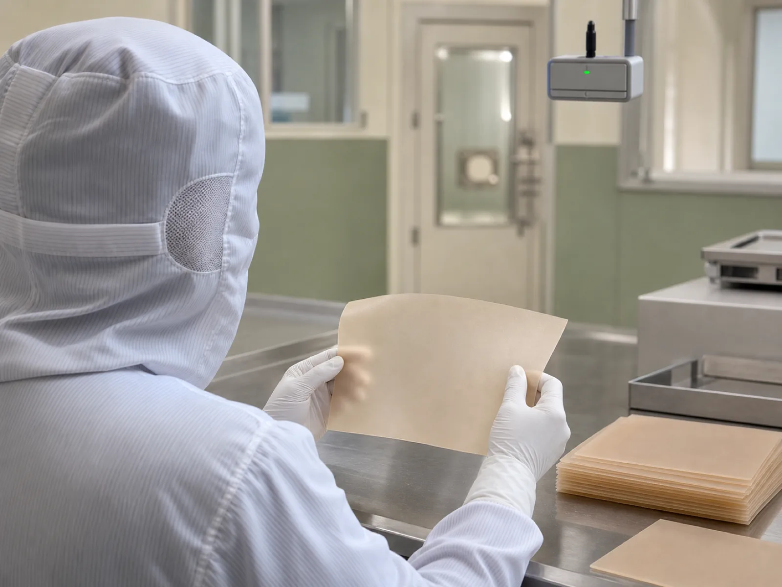 Gowned technician in ISO Class 8 cleanroom inspecting a silicone scar gel sheet on a stainless bench under D65 lighting at a silicone gel sheet manufacturer's LSR cell in Dongguan