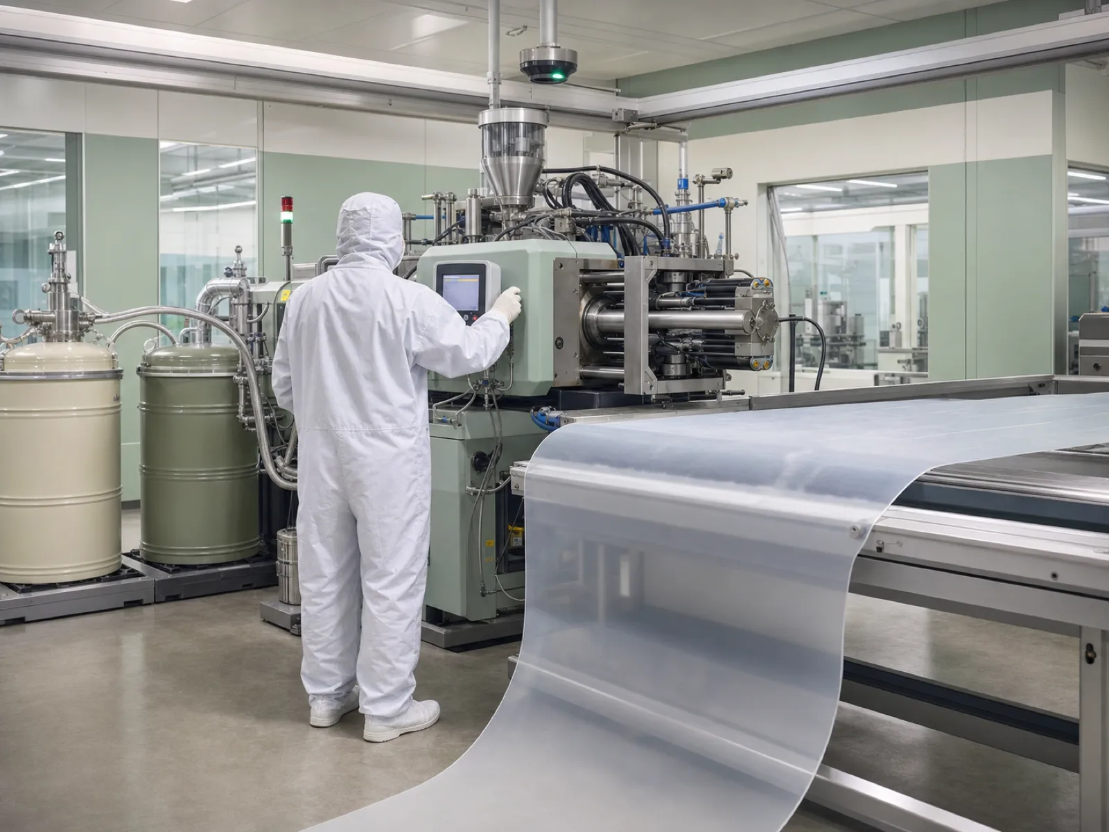 ISO Class 8 cleanroom LSR cell producing medical-grade silicone gel sheets — gowned technician back-visible operating the injection unit, particle-count sensor overhead, at a silicone gel sheet manufacturer in Dongguan