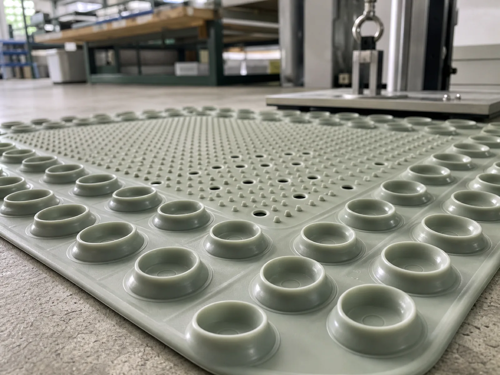 Macro detail of the anti-slip stud pattern and suction-cup array on a silicone shower mat base, showing the 12 percent hole density drainage geometry