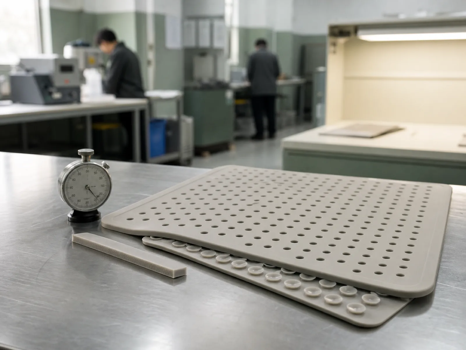 QC bench inspection of a platinum-cured silicone shower mat cross-section showing suction-cup base and drainage hole geometry