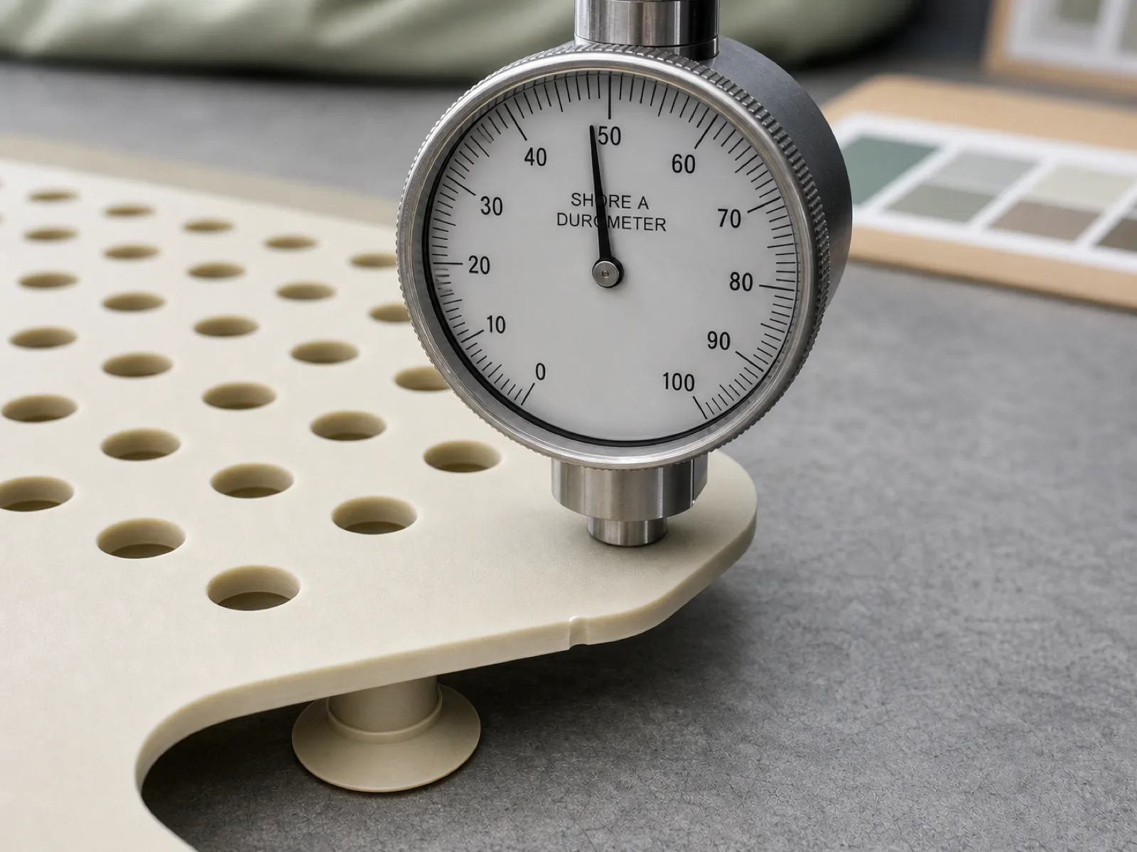 Cross-section slice of a platinum-cured silicone shower mat on the QC bench, durometer reading Shore A 48, drainage-hole rim and suction-cup base visible