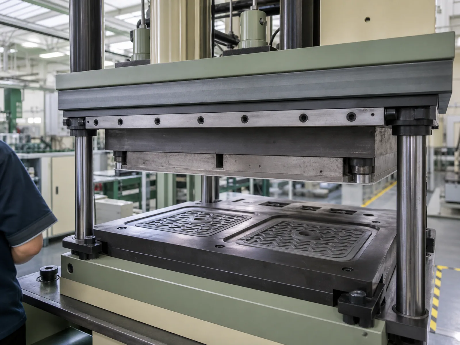 Wetop Silicone compression molding press mid-cycle with silicone sink mat cavity tooling and hydraulic clamp during cure step