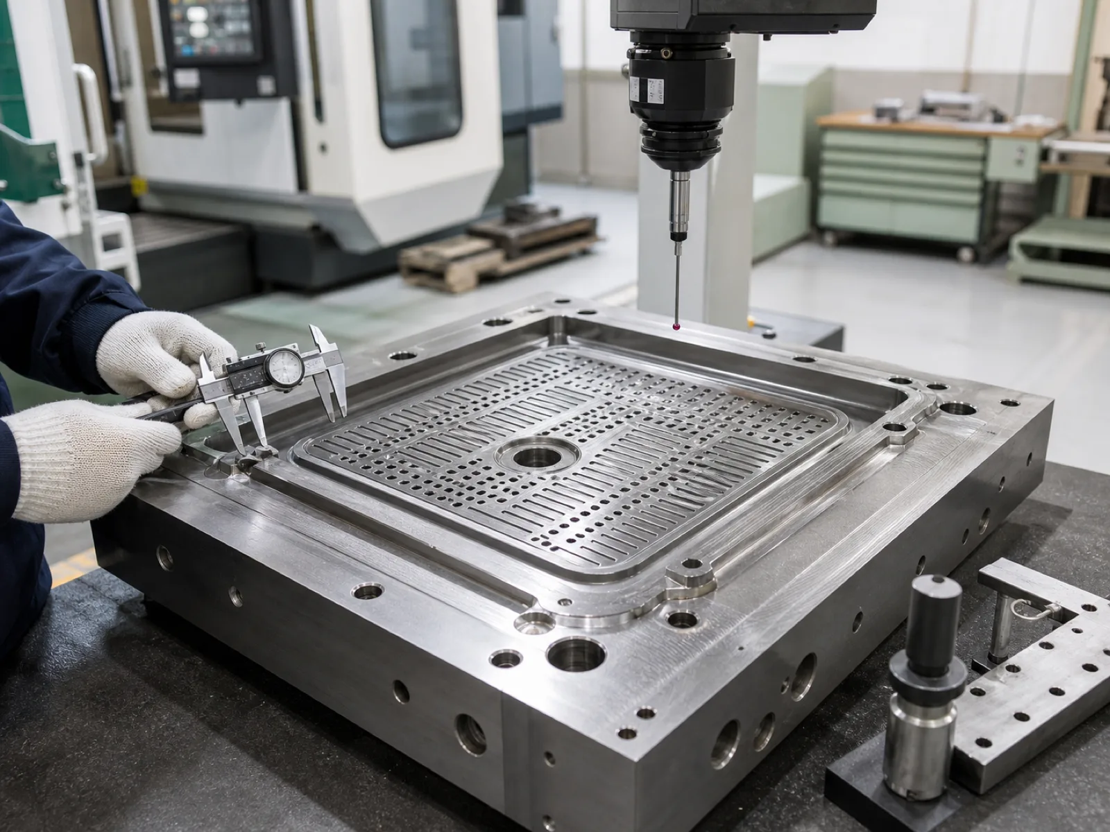 Wetop Silicone in-house mold-machining shop with CNC-machined P20 hardened steel tool for a custom silicone sink mat program under first-article dimensional review