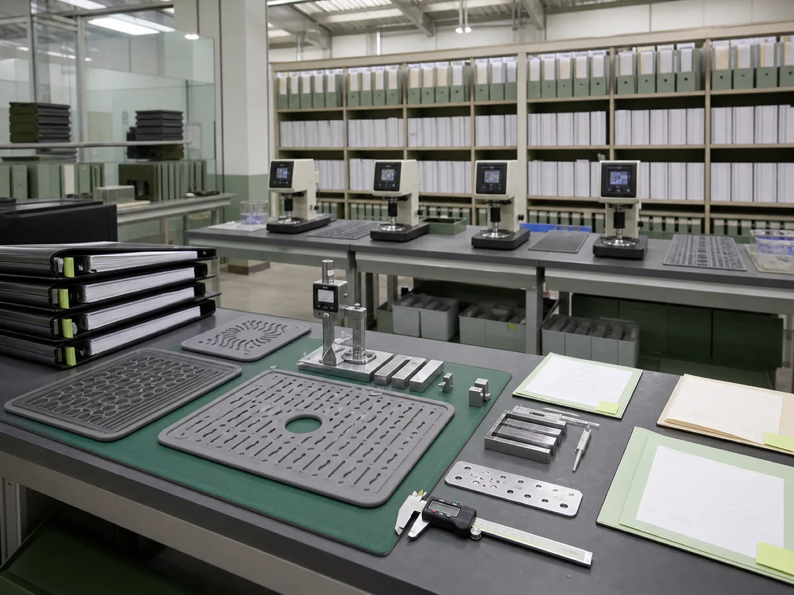 Wetop Silicone QC workshop with per-batch test-report archive, digital durometer stations, and dimensional inspection benches for silicone sink mat production lots