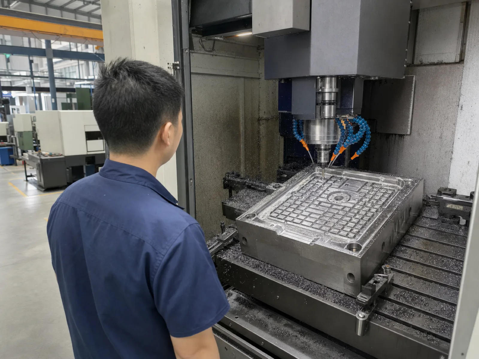 Wetop Silicone in-house mold-making CNC machining P20 steel tooling for a custom silicone sink protector cavity map, floor operator monitoring the spindle in Dongguan
