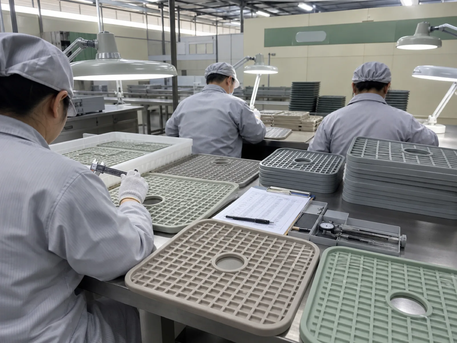 Wetop Silicone QC workshop with technicians running AQL 1.5 inspection on a batch of custom silicone sink protectors under D65 daylight-simulation lighting in Dongguan