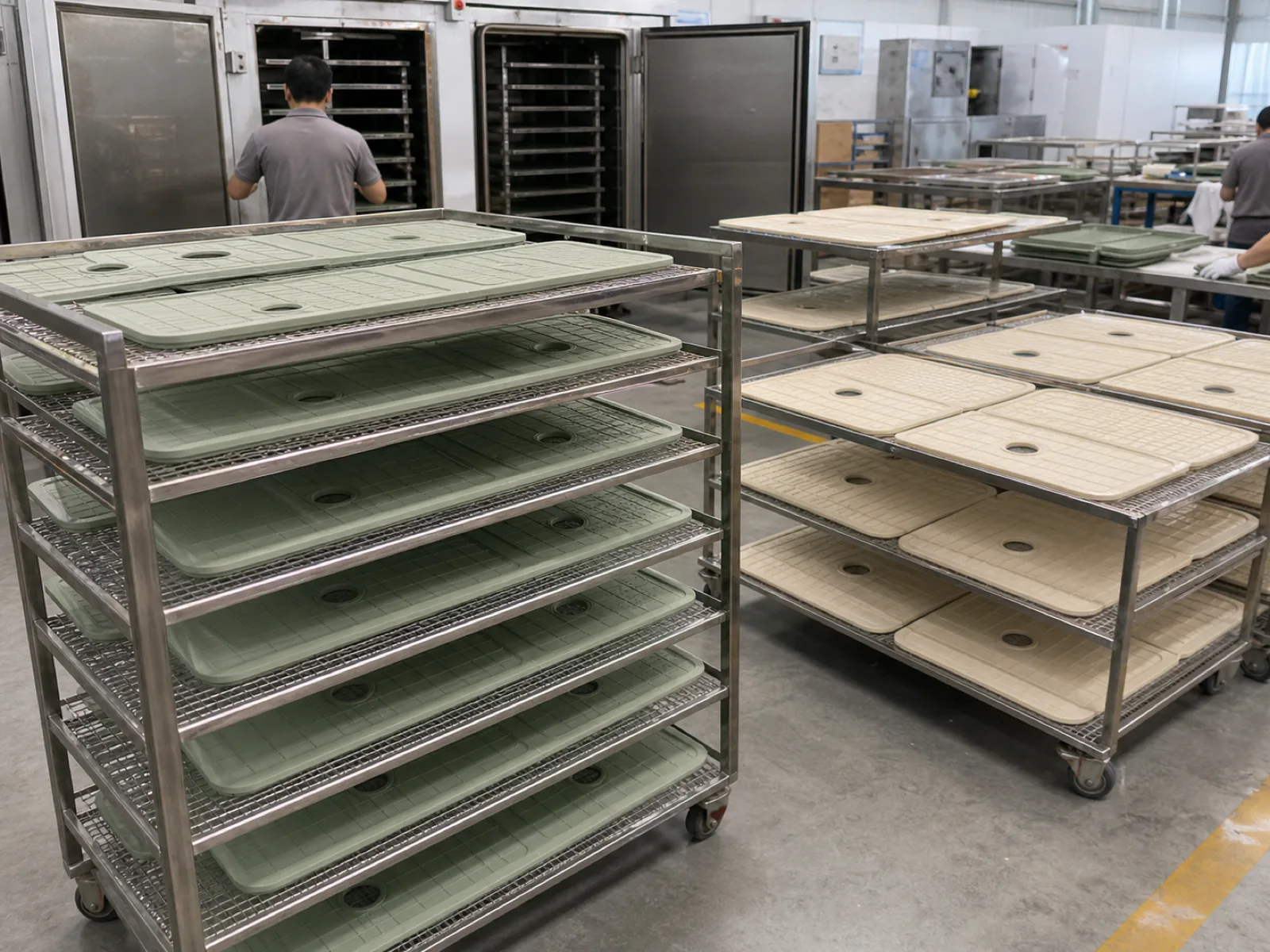 Wetop Silicone post-cure and secondary-process workshop with batches of silicone sink protectors on inspection racks after the mandatory 4-6 hour cycle at 180-200°C in Dongguan