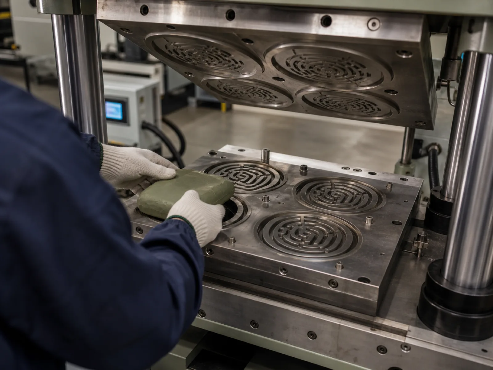 Hydraulic compression press with an open steel mold showing a four-cavity silicone slow feeder tool, cavity inserts, and a technician placing a preformed silicone billet on the lower platen at a Dongguan silicone factory.