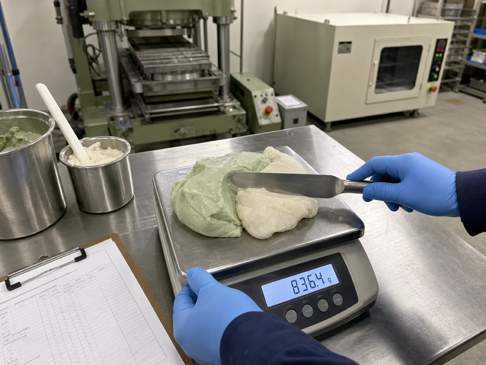 Two-part platinum-cured food-grade silicone compound being weighed and cross-mixed on a stainless bench with a batch traceability sheet and a nitrile-gloved technician's hands, at a Dongguan silicone factory.
