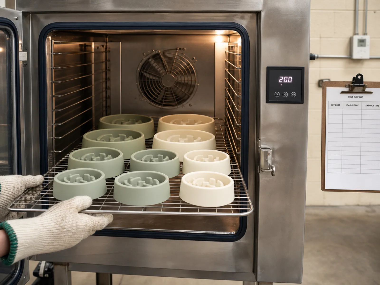 Silicone slow feeder trays on a stainless rack sliding into a 200 C post-cure convection oven, showing multiple color-matched SKUs and a temperature log clipboard, at a Dongguan silicone factory.