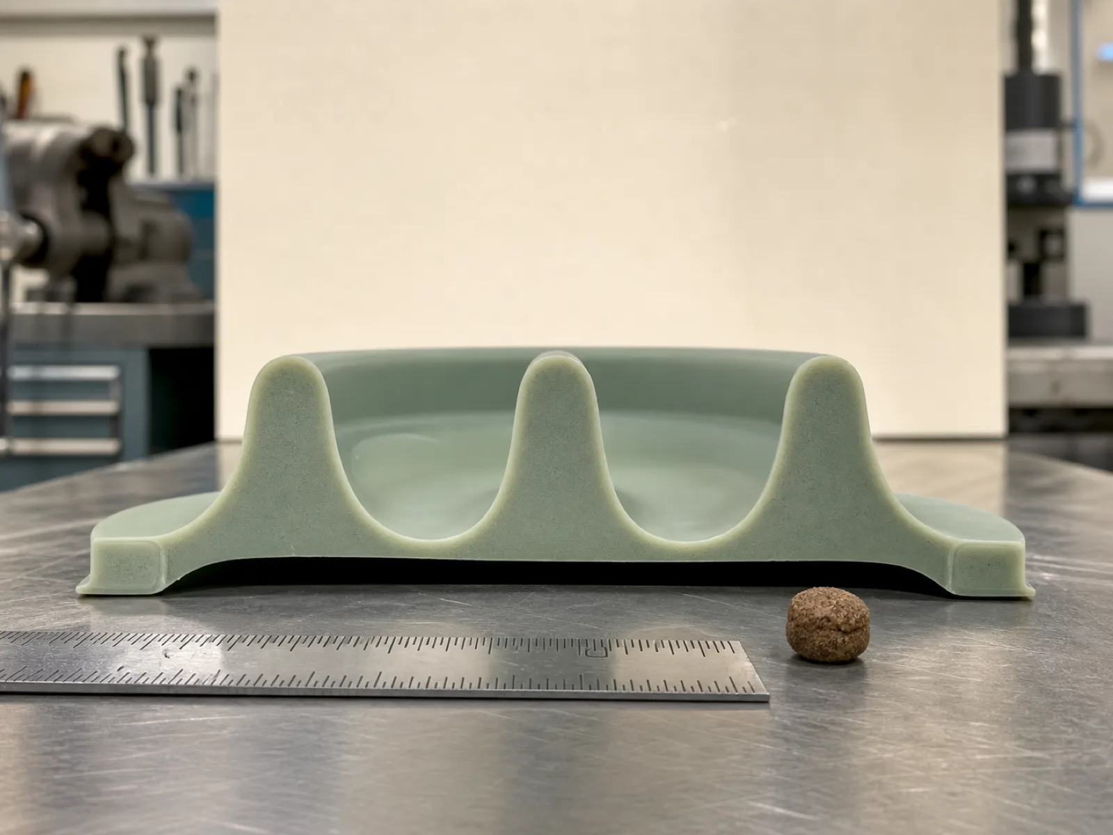 Engineering cross-section of a silicone slow feeder showing 14 mm ridge height, 20 mm channel spacing, tongue-scoop clearance zone, and the transition radius from the suction base to the maze body.