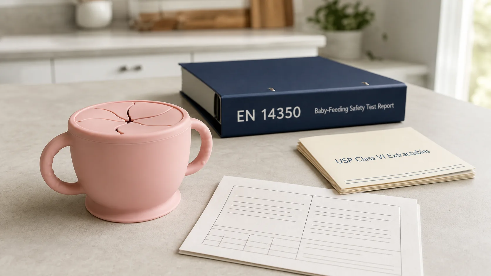 A premium silicone baby snack cup on a soft neutral counter alongside an EN 14350 test report binder and per-batch USP Class VI extractables documentation — the buyer-side compliance packet for a private-label snack cup program