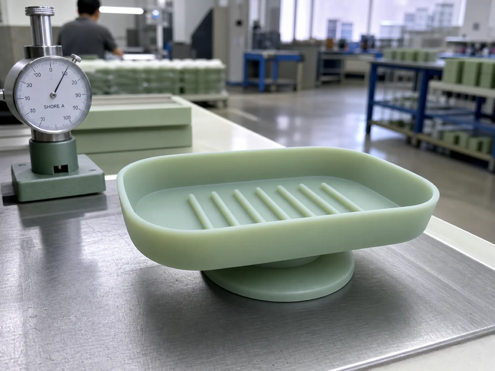 Fiberglass-free platinum-cured silicone soap dish on a Wetop QC bench with a suction base, drainage ribs, and Shore A durometer under D65 workshop lighting in Dongguan