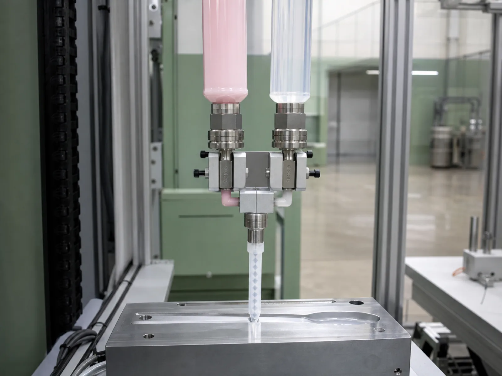 Two-part platinum-cured liquid silicone rubber compound being mixed in a temperature-controlled Wetop dispenser cell prior to the spatula injection run — Part A pink-tinted, Part B clear, feed lines going into the static mixer nozzle above the mold.
