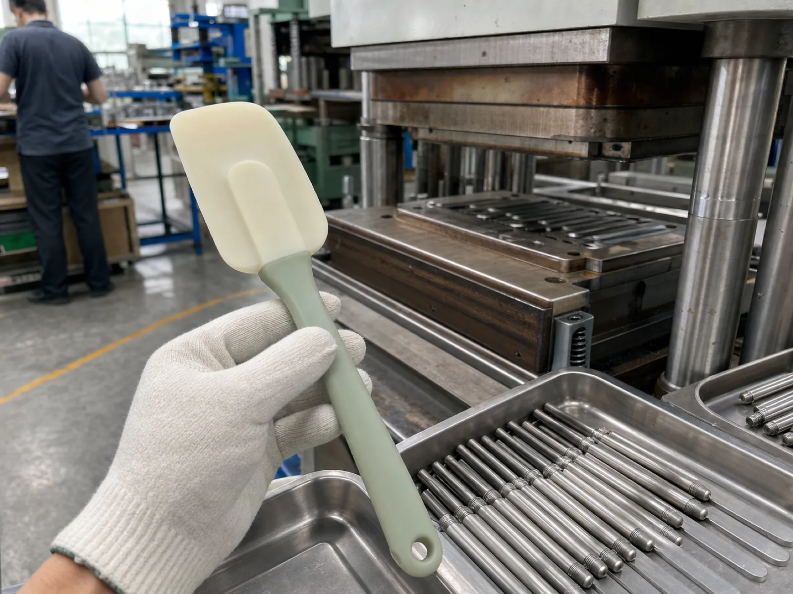 Silicone spatula OEM production run on a heated compression press in a Dongguan silicone factory — cream and sage colorway, stainless steel handle cores staged in trays, engineer's gloved hand checking a freshly demolded one-piece head.