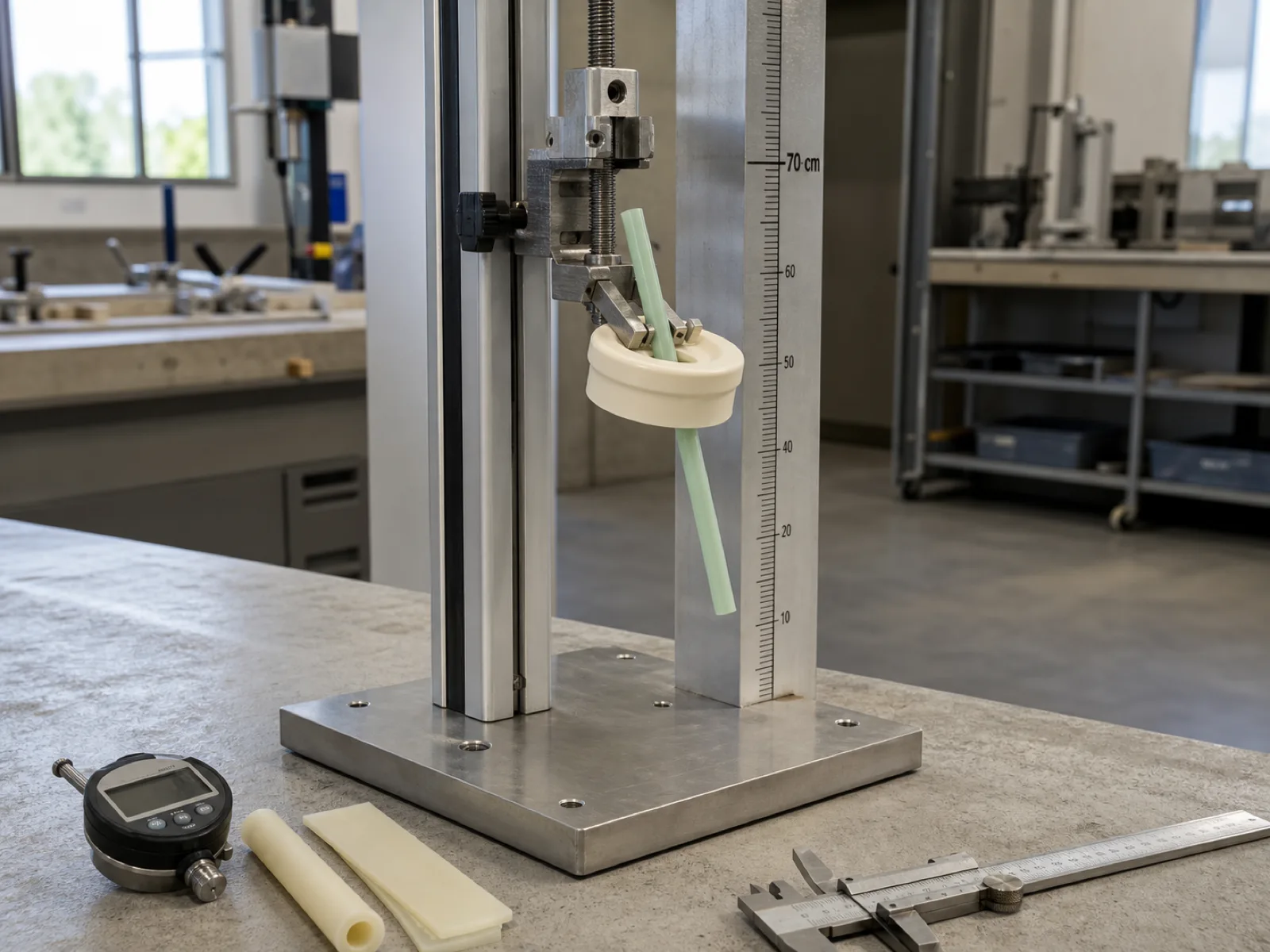 EN 14350 mechanical drop-test rig with a mounted silicone toddler straw and cream feeding-cup lid mockup positioned above a marked drop-height gauge, with an ASTM D2240 durometer gauge, calipers, and batch coupons on a neutral concrete workshop bench at a Dongguan silicone factory.