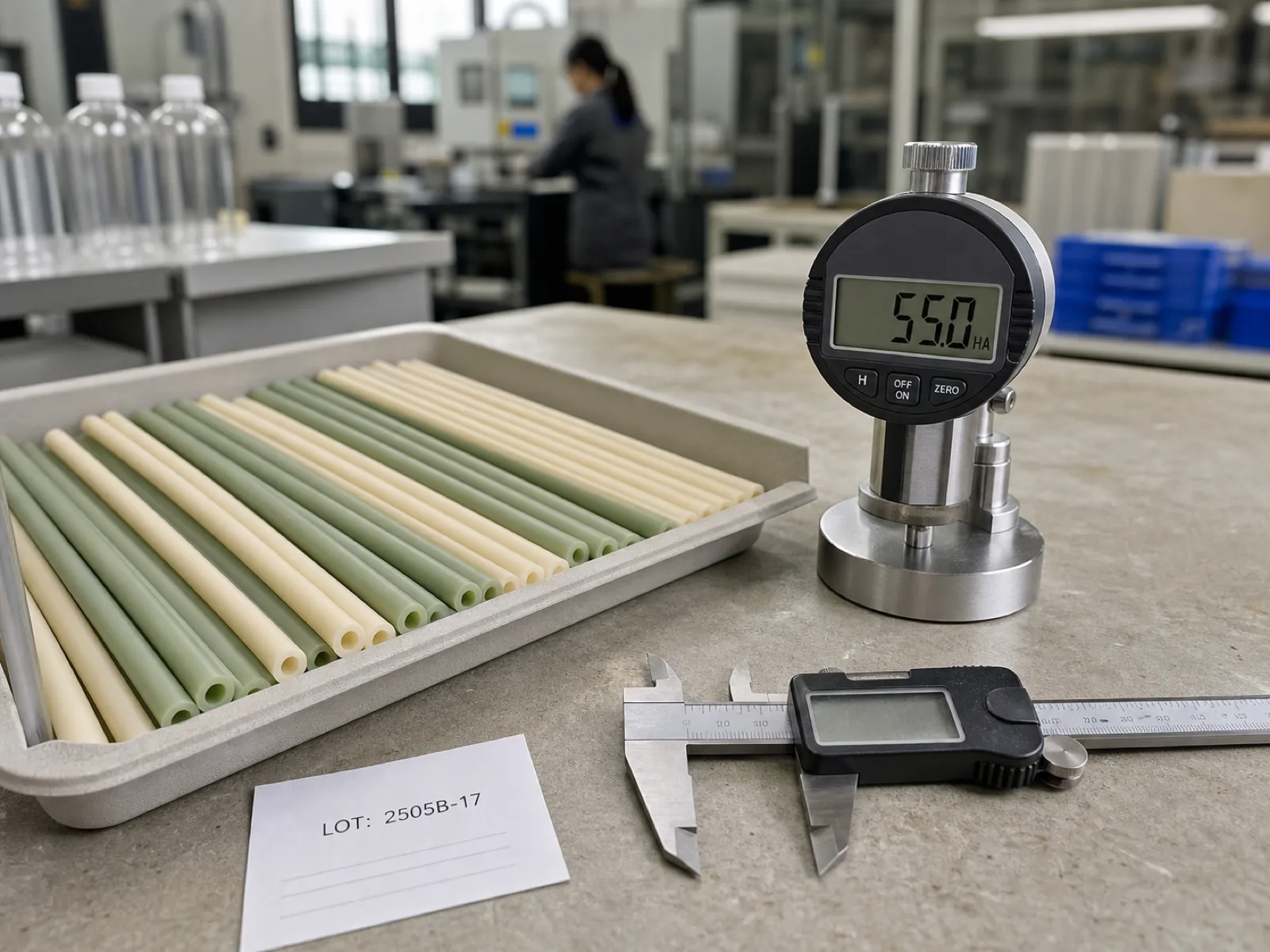 QC bench inspection of platinum-cured silicone straw samples in sage and cream colorway at a Dongguan silicone factory, showing durometer gauge, calipers, and a batch coupon awaiting migration testing for a baby brand OEM order.