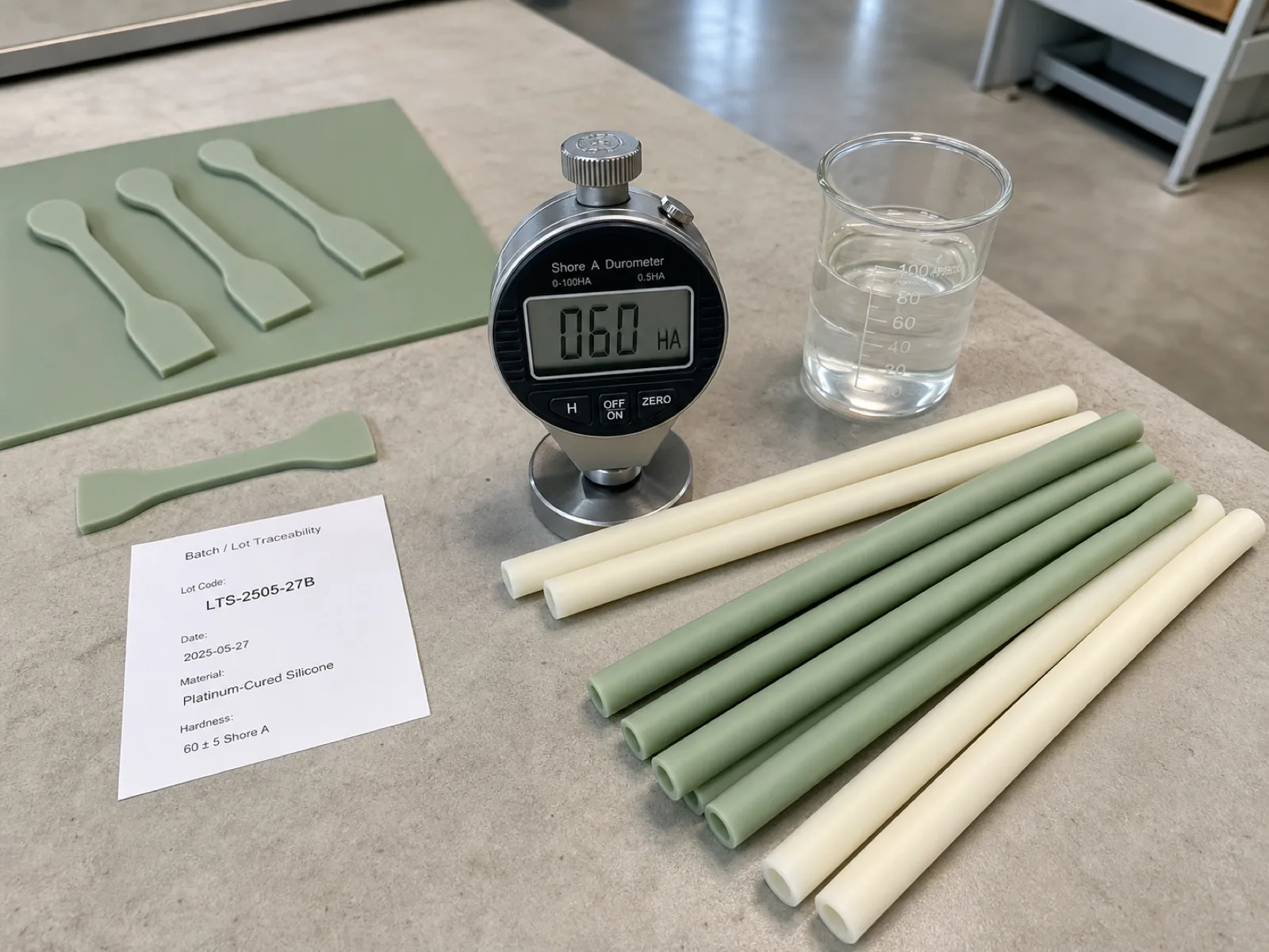 QC bench setup showing a batch of platinum-cured silicone straw samples in cream and sage colorway, positioned beside a digital durometer gauge, ASTM D412 tensile coupons, and a batch traceability card marked with a lot code, awaiting FDA 21 CFR 177.2600 migration testing at a Dongguan silicone factory.