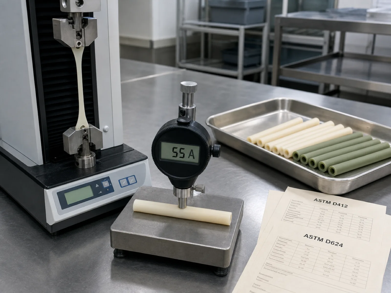 Silicone straws QC bench showing a digital Shore A durometer reading 55, a dumbbell tensile specimen pulled to 420 percent elongation on a benchtop tester, and a stainless tray of finished cream and sage straws with ASTM D412 and D624 test reports on cream paper