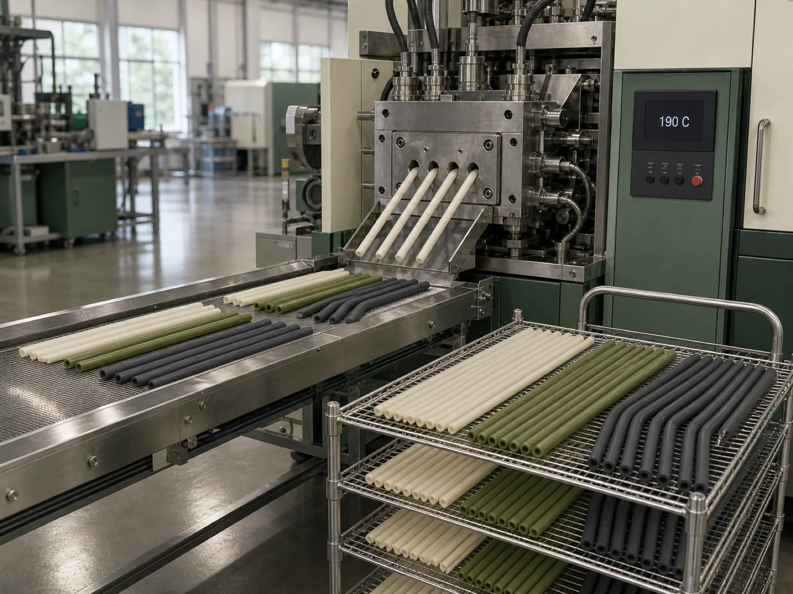 Rack of platinum-cured silicone straws in cream, sage, and charcoal exiting an LSR injection cell inside Wetop's Dongguan straw production line, showing 8-inch, 10-inch tumbler, and bent geometries staged for post-cure oven load-in