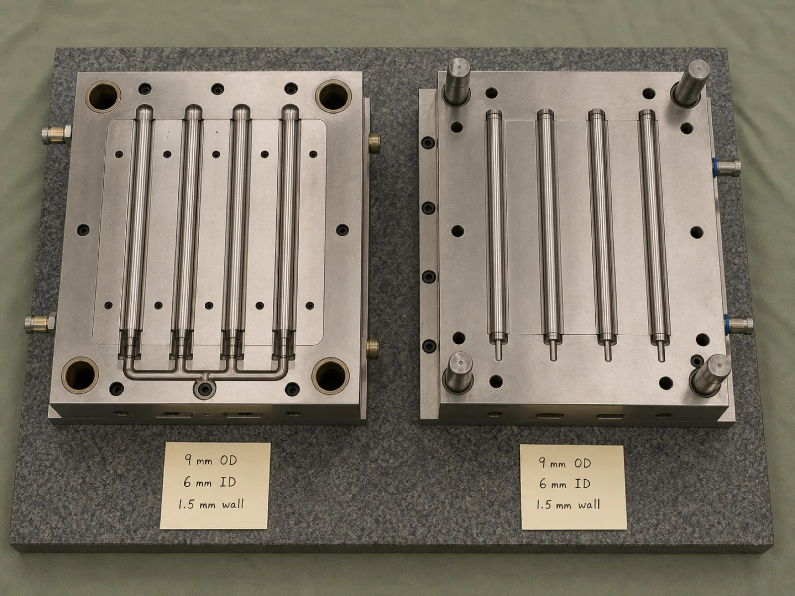 Overhead engineering diagram of a 4-cavity LSR injection tool for silicone straws showing runner geometry, gate placement at the straw base, cooling channels, and ejection pins with dimensional callouts for 9 mm OD, 6 mm ID, and 1.5 mm wall on the cavity plate