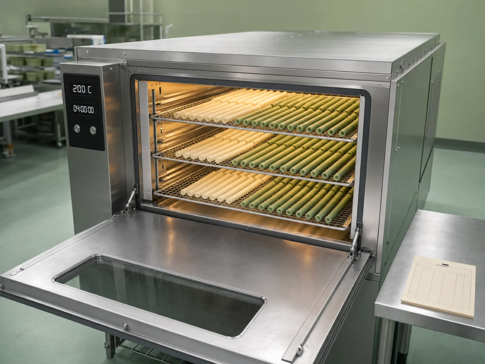 Wetop tunnel oven loaded with stainless racks of freshly molded silicone straws in cream and sage, temperature panel reading 200 °C, showing the 4-hour post-cure bake that drives residual VOCs below the 0.5 percent LFGB threshold before packaging and QC