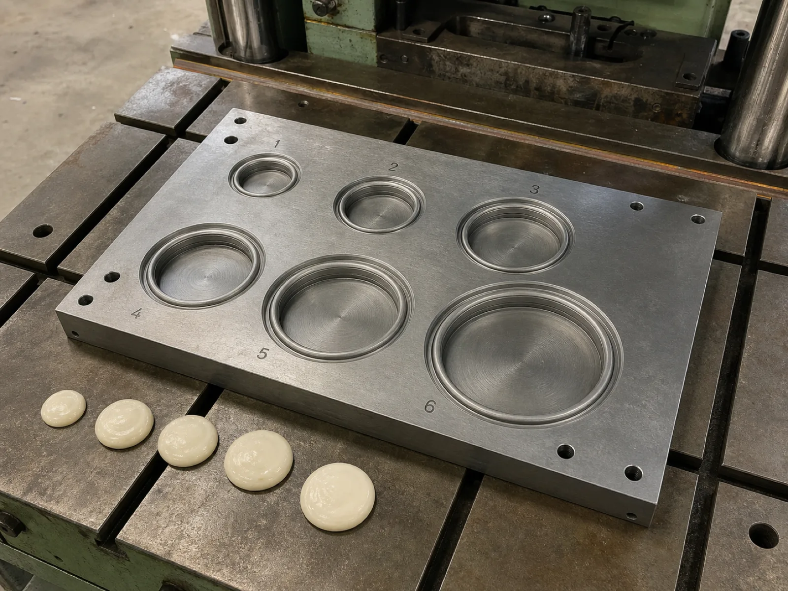Multi-cavity compression mold for a graduated silicone stretch lid set on a Wetop press bed, six differently sized cavities laid out with etched cavity numbers for QC traceability, cream silicone charges staged beside the plate.