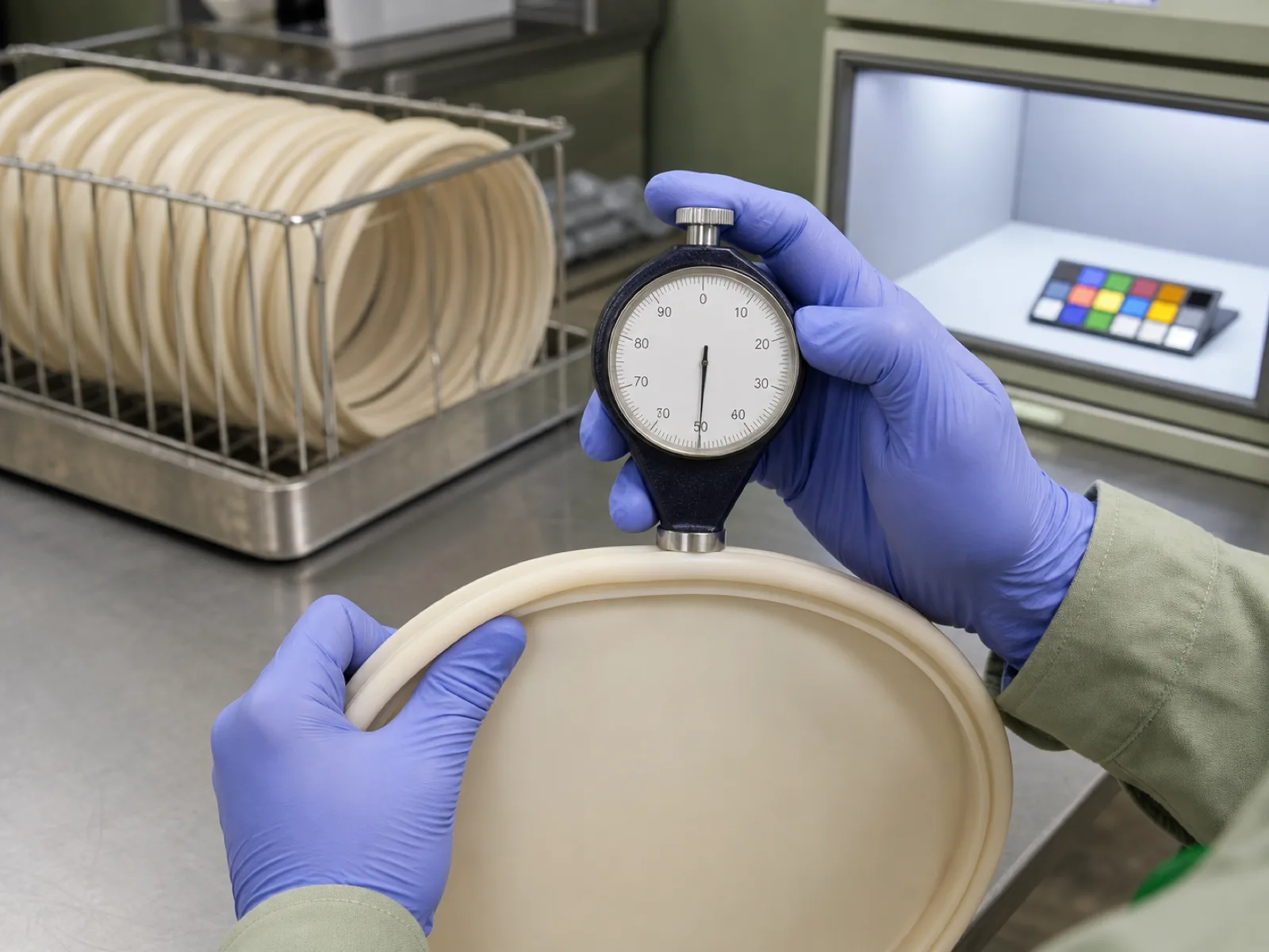 Wetop QC technician taking a Shore A durometer reading of 51 on the rim bead of a cream silicone stretch lid, with a dishwasher-aging cycle rack and D65 color-check station visible on the bench behind.