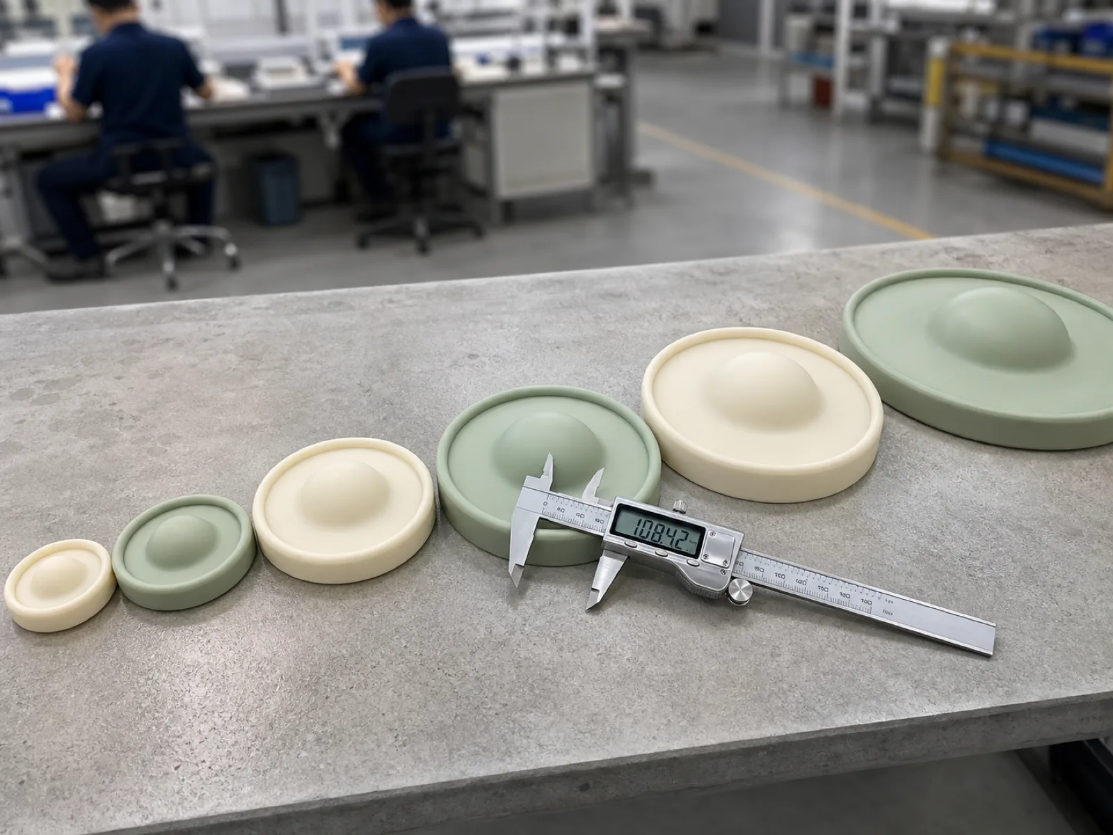 Graduated custom silicone stretch lid set in cream and sage on a Wetop QC bench, a digital caliper measuring the rim fit diameter under D65 inspection light in Dongguan.