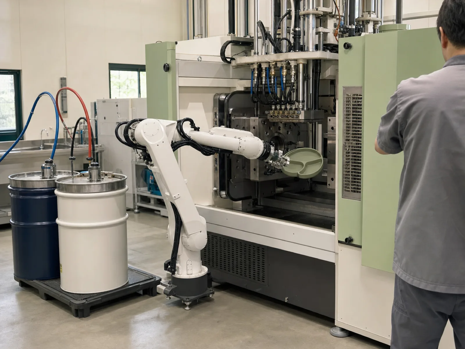 LSR injection molding cell running a one-piece silicone suction placemat plate cavity with cold-runner manifold and robot demold arm, Dongguan silicone factory