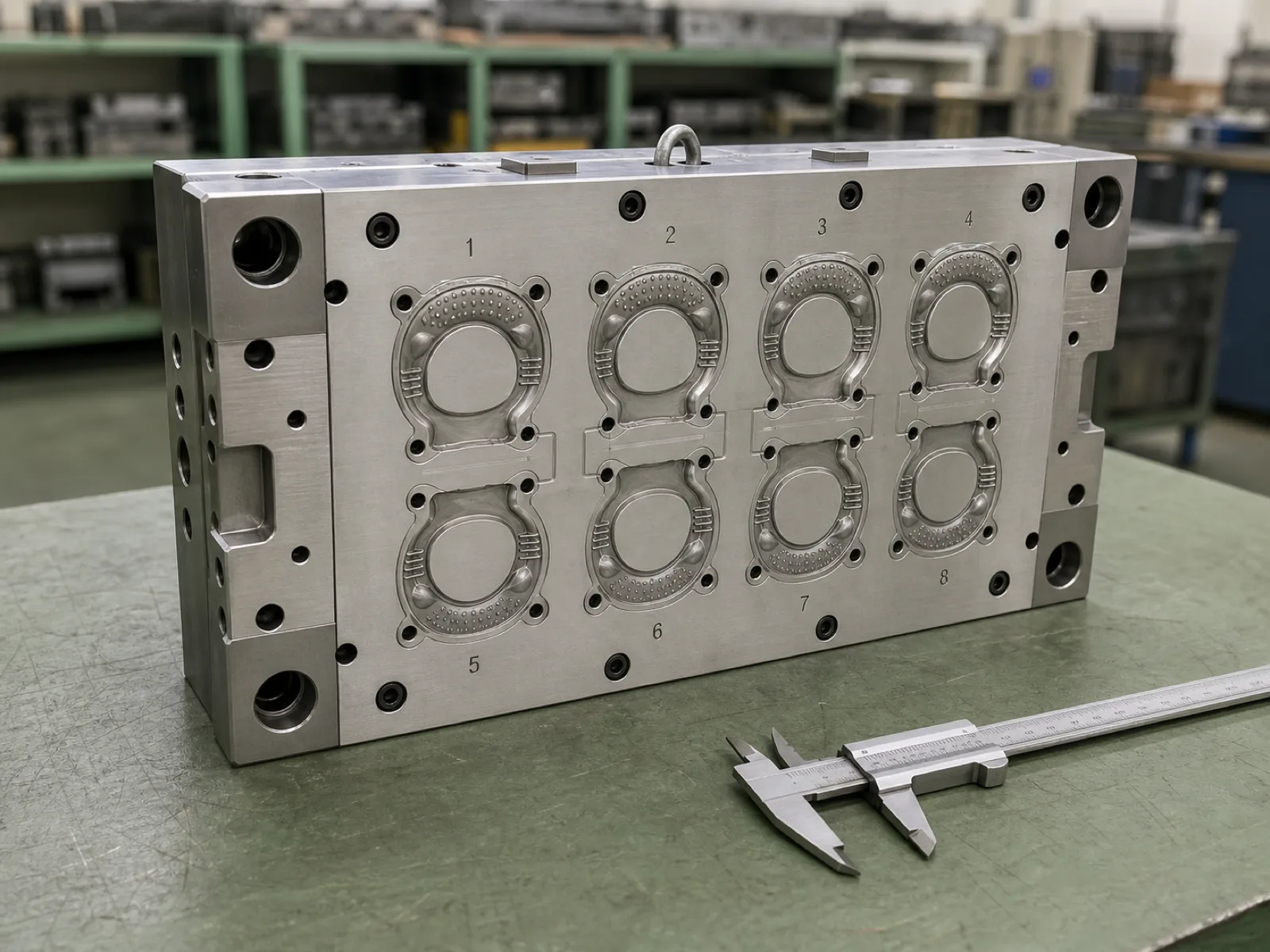 Silicone teether manufacturer tooling — 8-cavity steel injection mold half for a platinum-cured LSR baby teether with cold runner gate marks and cavity numbering, machined sprue and cooling channels visible, cream matte finish under D65 workshop lighting, no logos, no faces.