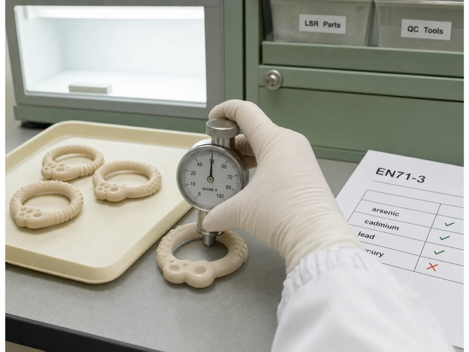 Silicone teether manufacturer QC bench — Shore A durometer pressed into a platinum-cured LSR baby teether ring next to a printed EN71-3 element-migration report, cream inspection tray on sage workbench, D65 light-box behind, no faces, Dongguan factory.