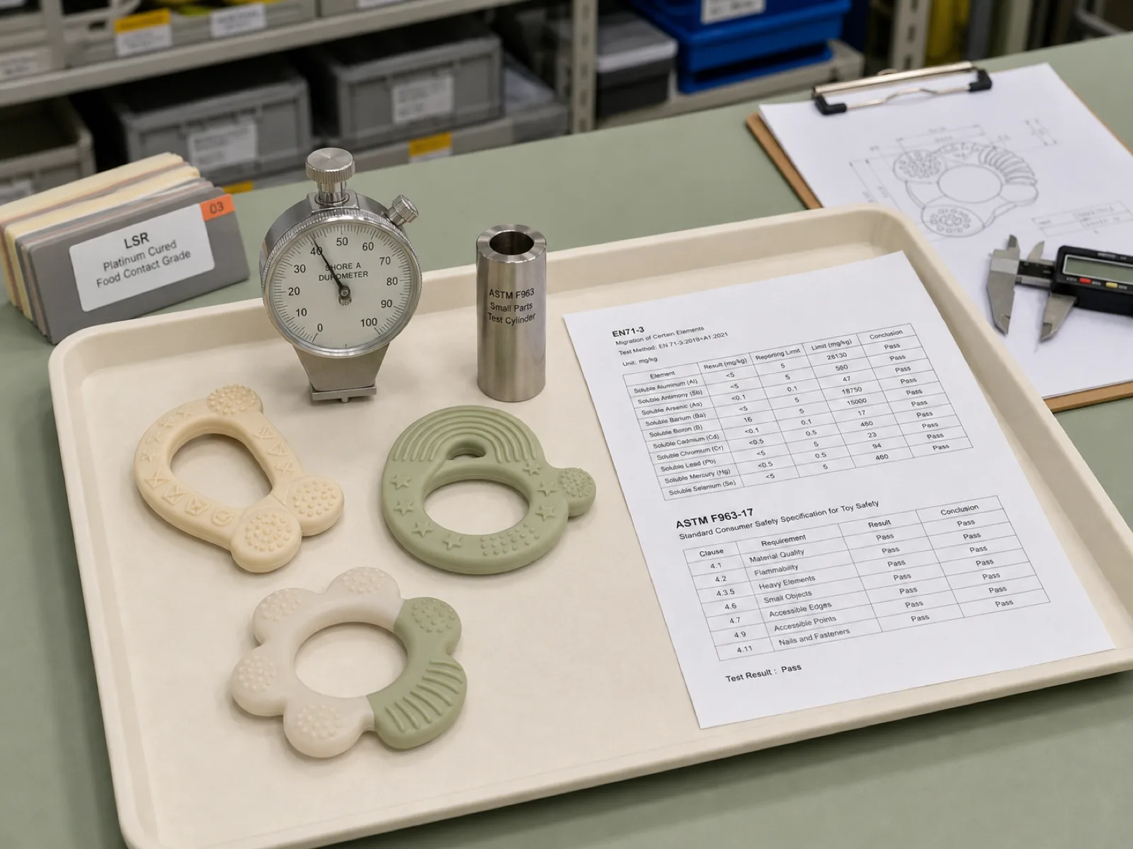 Silicone teether manufacturer engineering desk — platinum-cured LSR baby teether prototypes on a cream inspection tray beside a Shore A durometer, ASTM F963 small-parts cylinder gauge, and printed EN71-3 migration report, D65 workshop lighting on a sage workbench in a Dongguan factory.