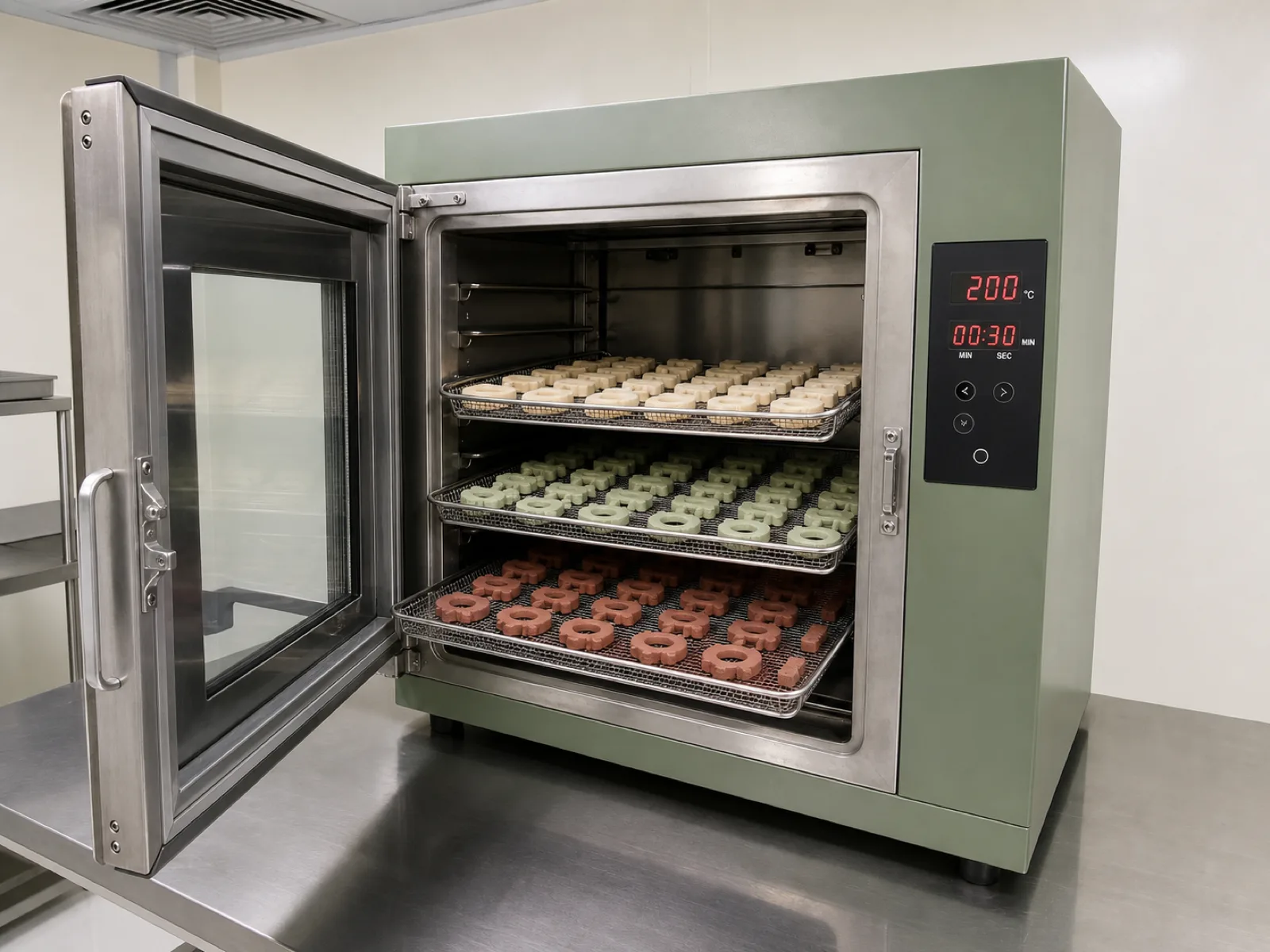 Silicone teether manufacturer post-cure oven — batch of platinum-cured LSR baby teethers on stainless mesh trays inside a 200°C convection oven with digital timer visible, warm sage cabinet, cream neutral walls, no faces, no logos, D65 workshop lighting in a Dongguan cleanroom.