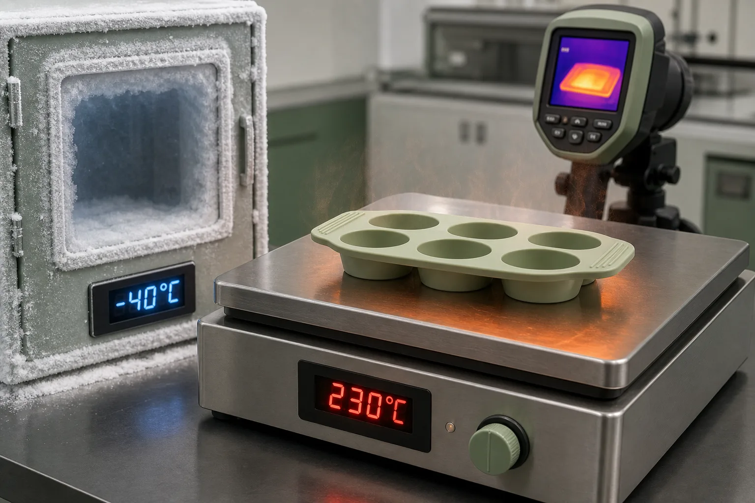 Silicone product on a thermal test plate at 230°C with a frost-covered chamber at -40°C, engineering materials-testing setup