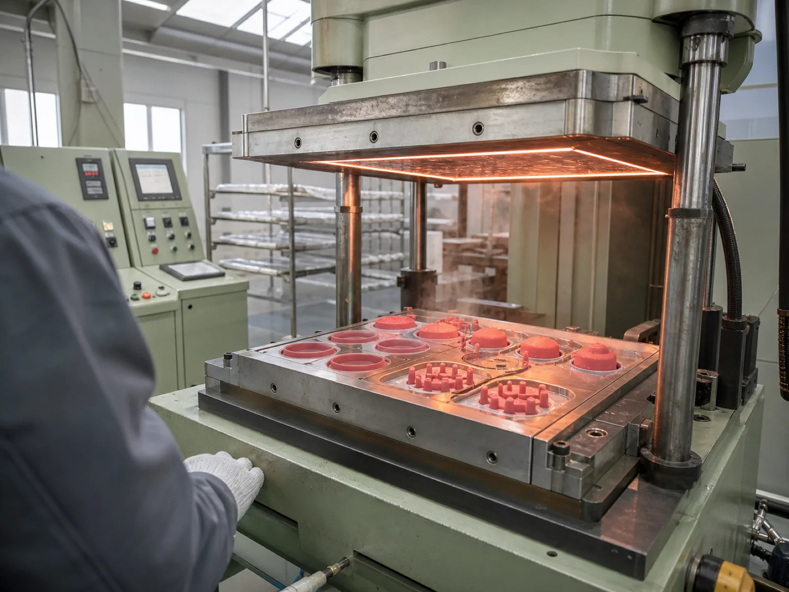 Wetop Silicone compression molding press with silicone parts cured at 160-200°C during production — evidence of the thermal stability that carries through to retail-service temperature range