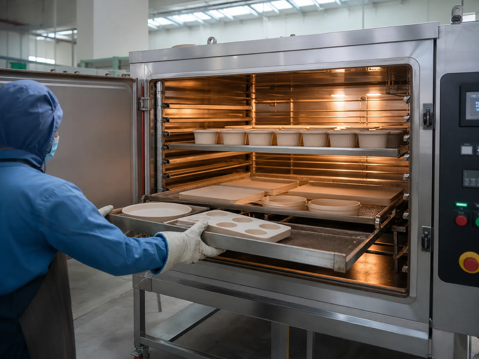 Wetop Silicone post-cure oven at 180-200°C — the same thermal environment silicone bakeware later encounters in a customer oven, proving material stability at retail service temperature