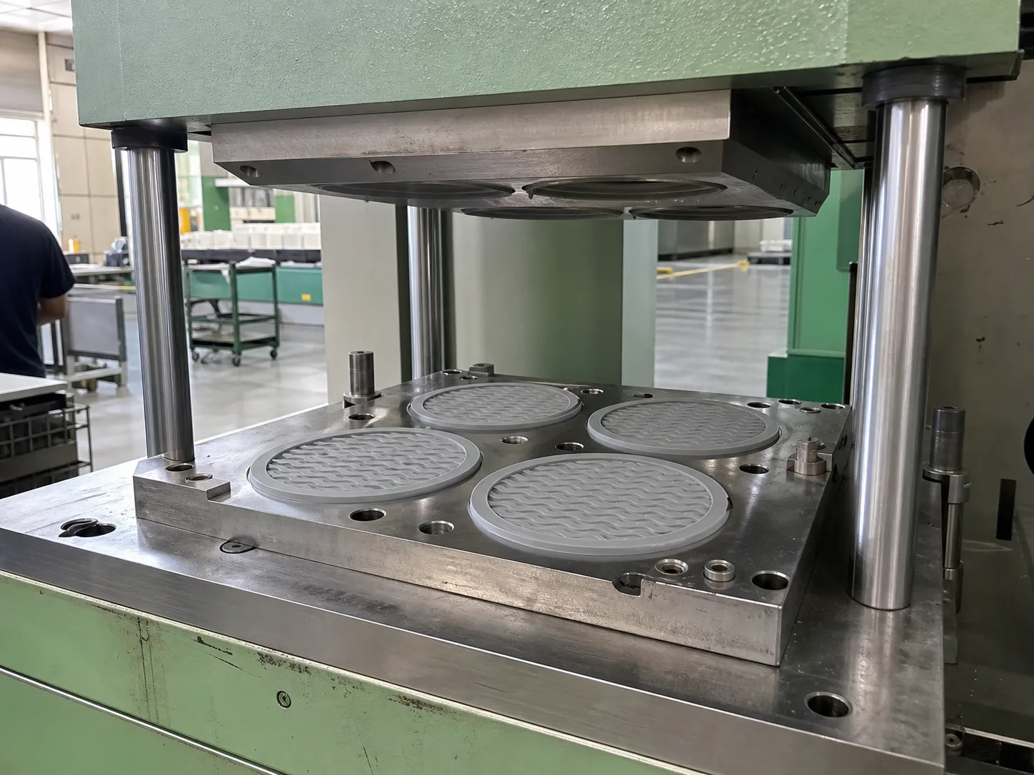 Wetop Silicone compression molding press mid-cycle producing a batch of retail silicone trivets on a P20 hardened steel four-cavity mold