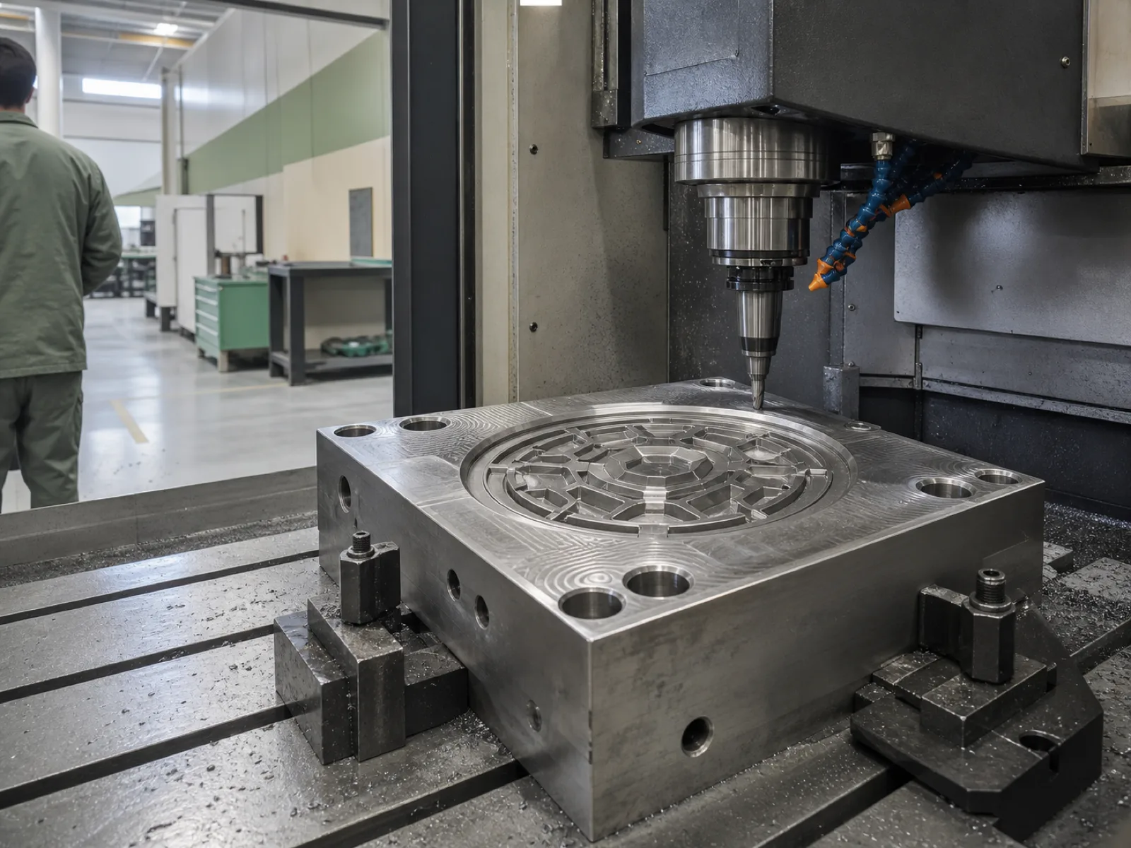 In-house mold shop at Wetop Silicone — P20 hardened steel trivet mold cavity being finished on a CNC machining center before EDM detail work and polish