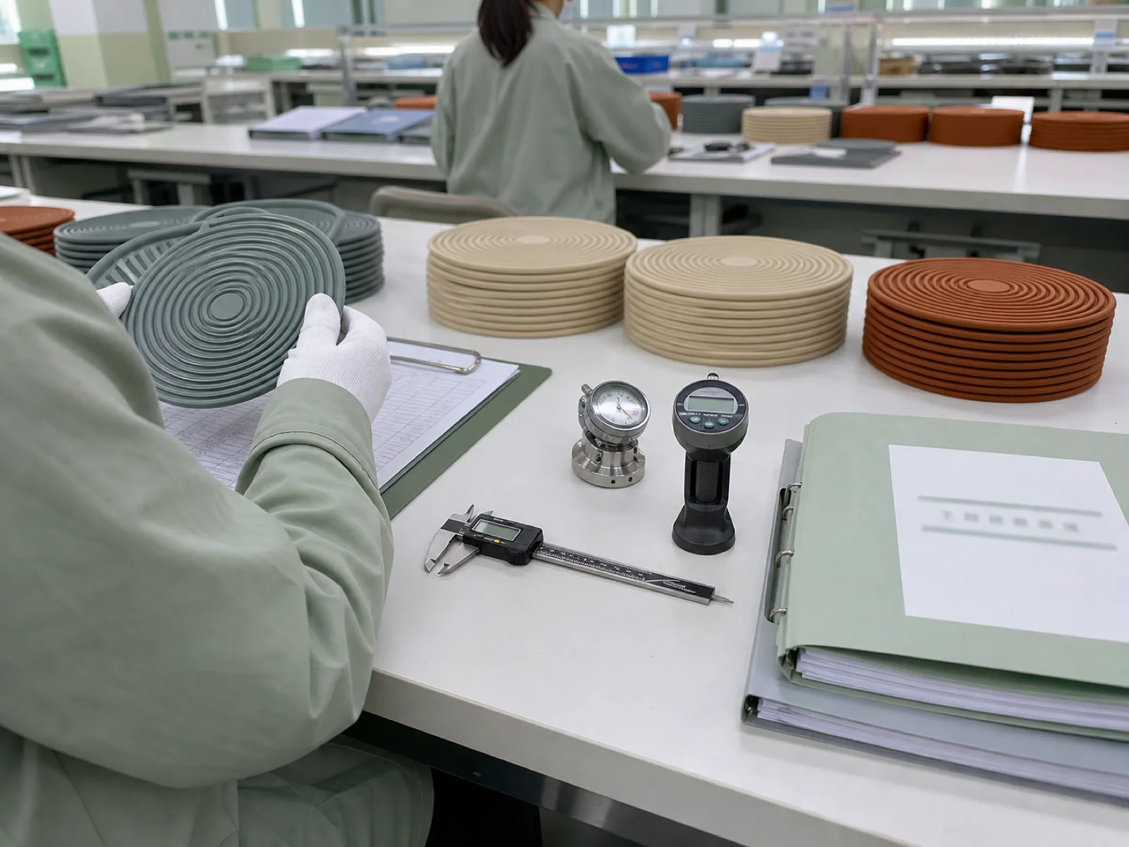 Wetop Silicone QC workshop — trivet inspection benches with durometers, calipers, and per-batch third-party test report binders staged for AQL 2.5 GII final inspection