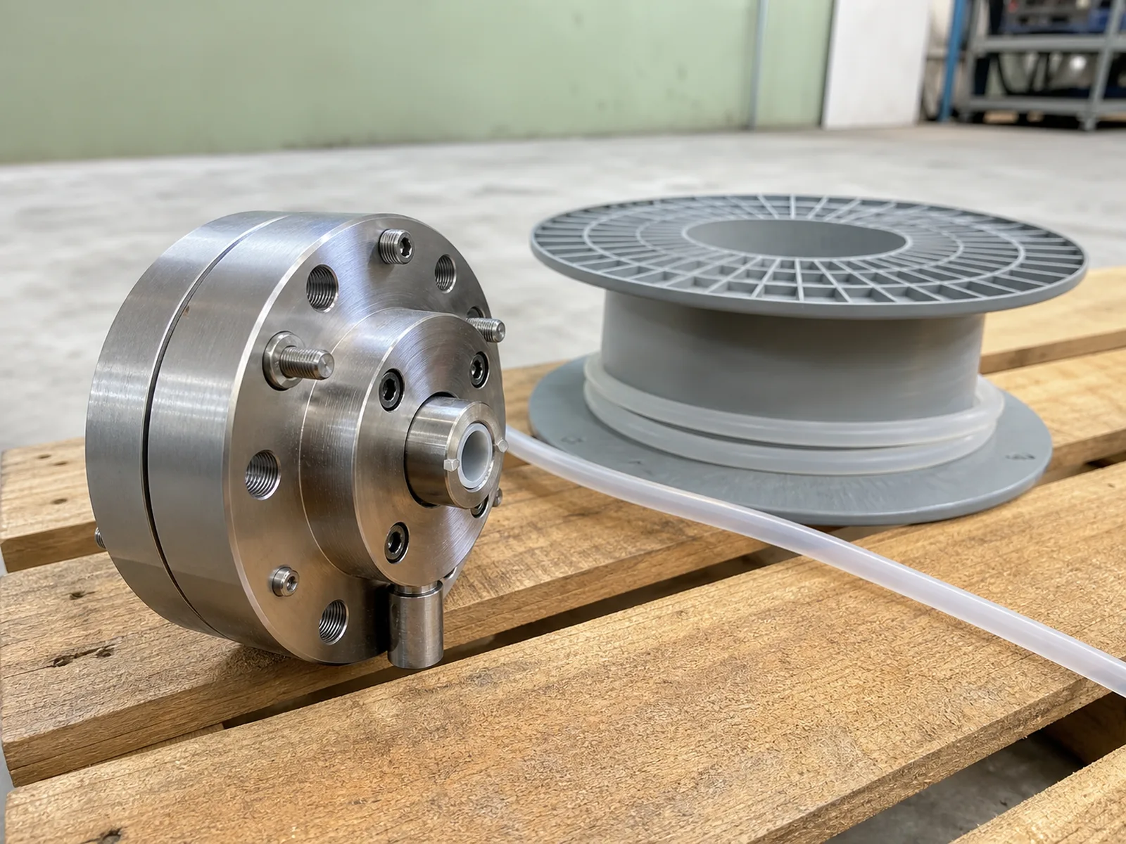 Extrusion die and spool tooling for custom silicone tubing OEM production laid out on a wooden pallet at a silicone tubing manufacturer with sage-and-cream lighting