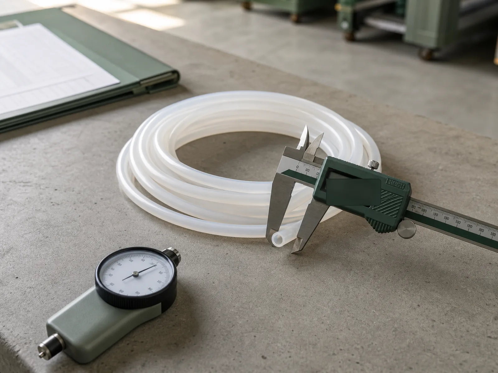 Coiled translucent platinum-cured silicone tubing on a QC bench beside digital calipers, a Shore A durometer, and a spec drawing under D65 workshop lighting at a silicone tubing manufacturer