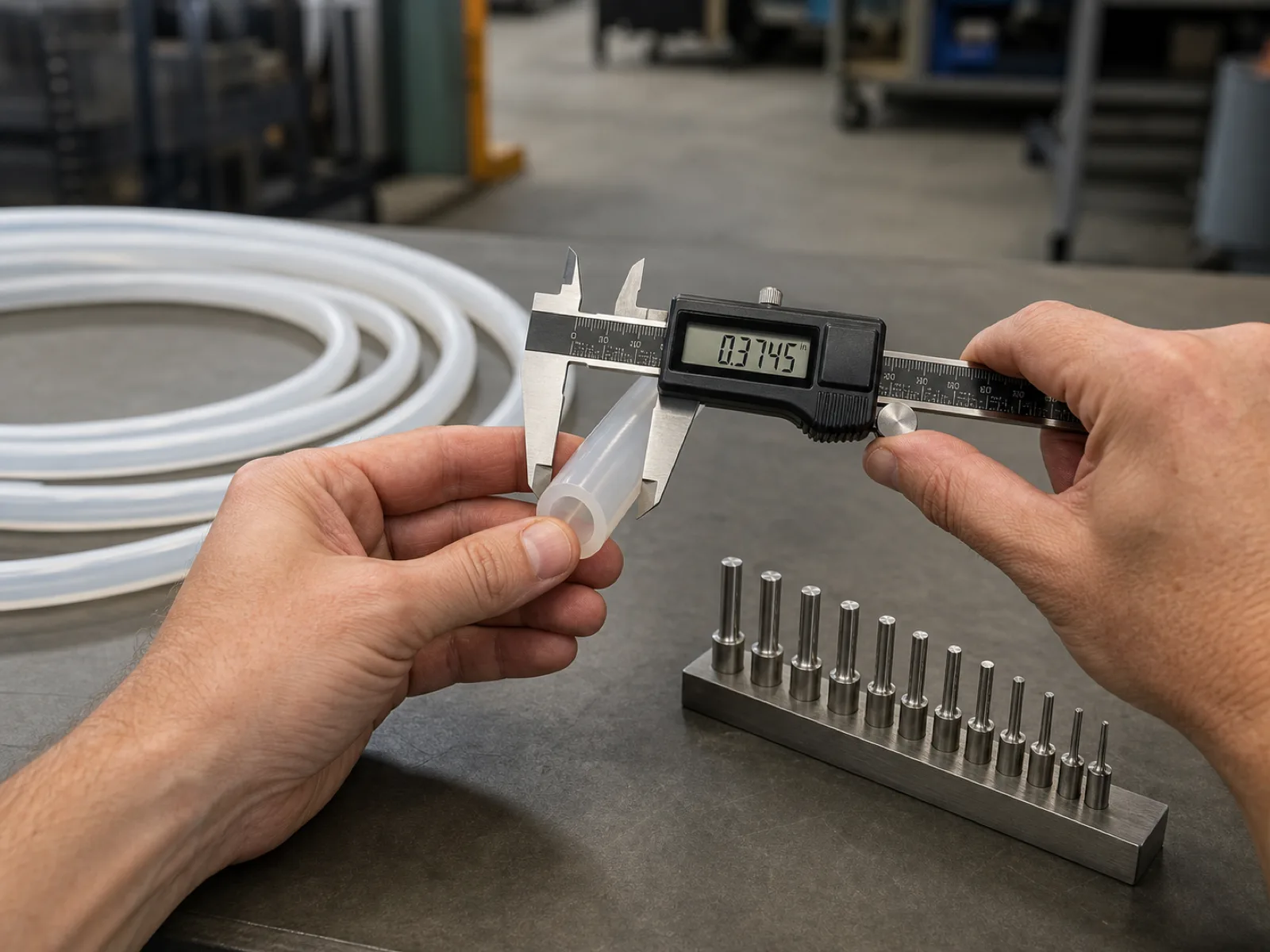 A technician's hands using a digital caliper to read the outer diameter of translucent 3/8 inch silicone tubing on a neutral concrete QC bench, with graduated coils of smaller silicone tubing sizes arranged beside a pin-gauge set under D65 workshop lighting in a Dongguan extrusion factory.