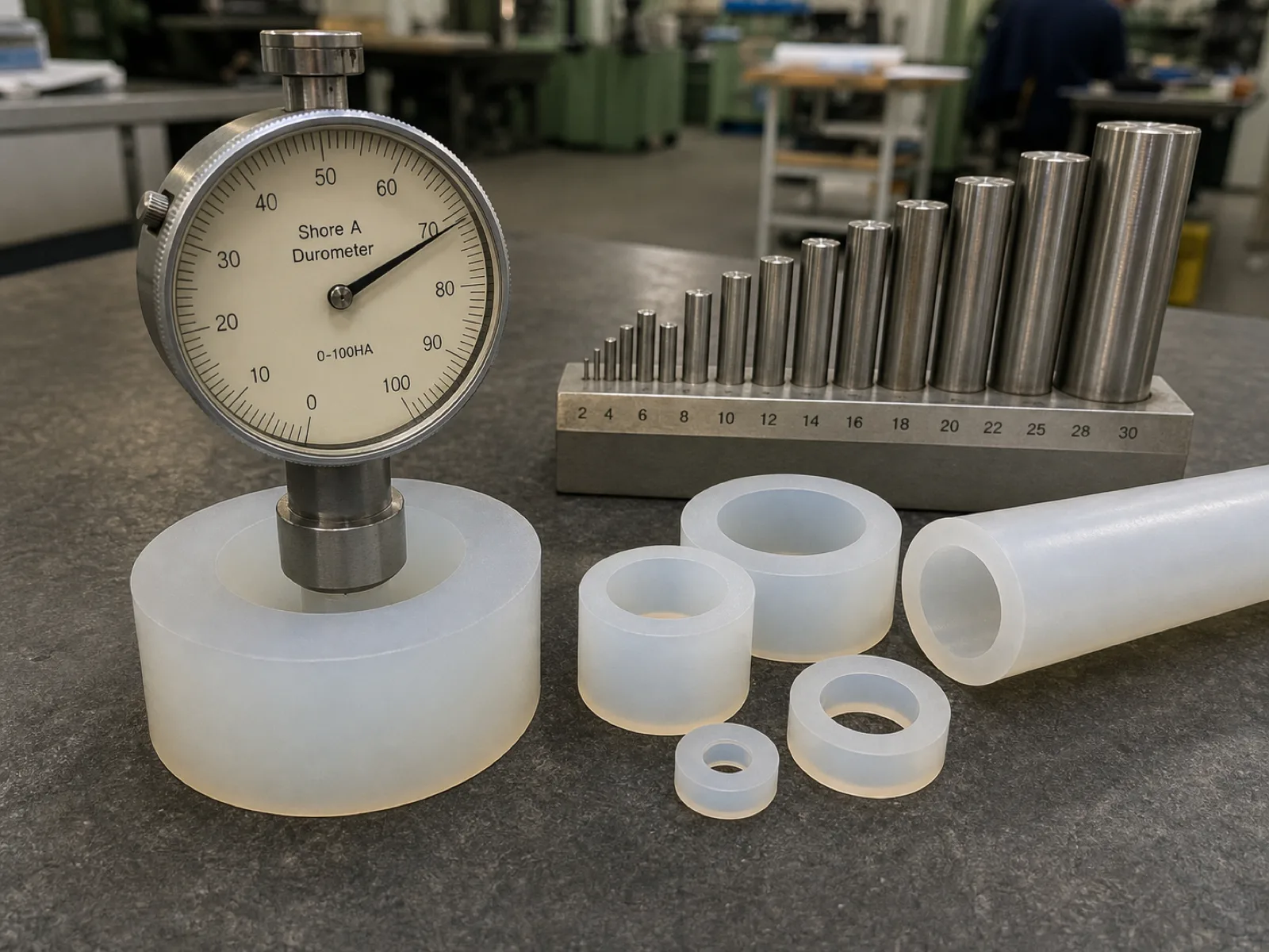 A Shore A durometer resting on a thick-wall silicone tubing sample beside a pin-gauge set and cross-sectioned tubing rings arranged on a neutral concrete QC bench, showing wall thickness and hardness verification for silicone tubing sizes under D65 workshop lighting in a Dongguan factory.