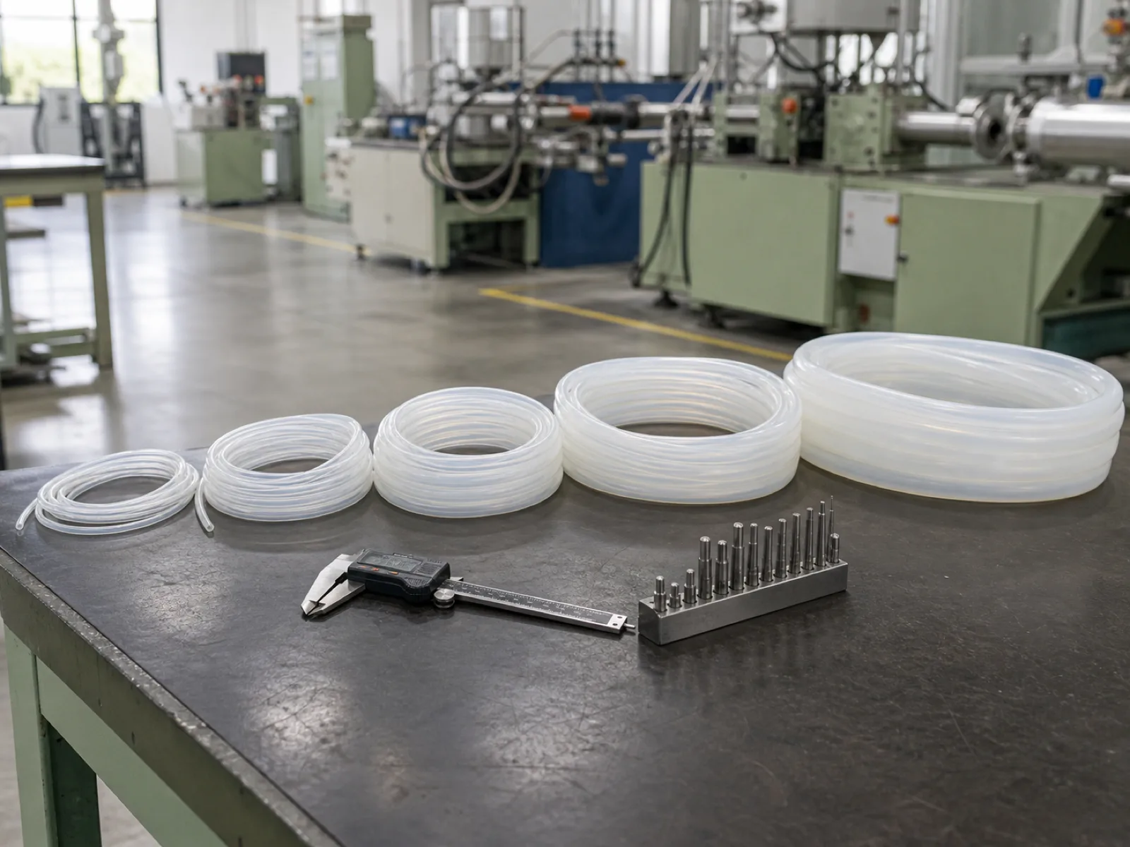 Coils of translucent platinum-cured silicone tubing in graduated ID sizes laid across a QC bench beside a digital caliper and pin-gauge set under D65 workshop lighting in a Dongguan extrusion factory — silicone tubing sizes reference bench.