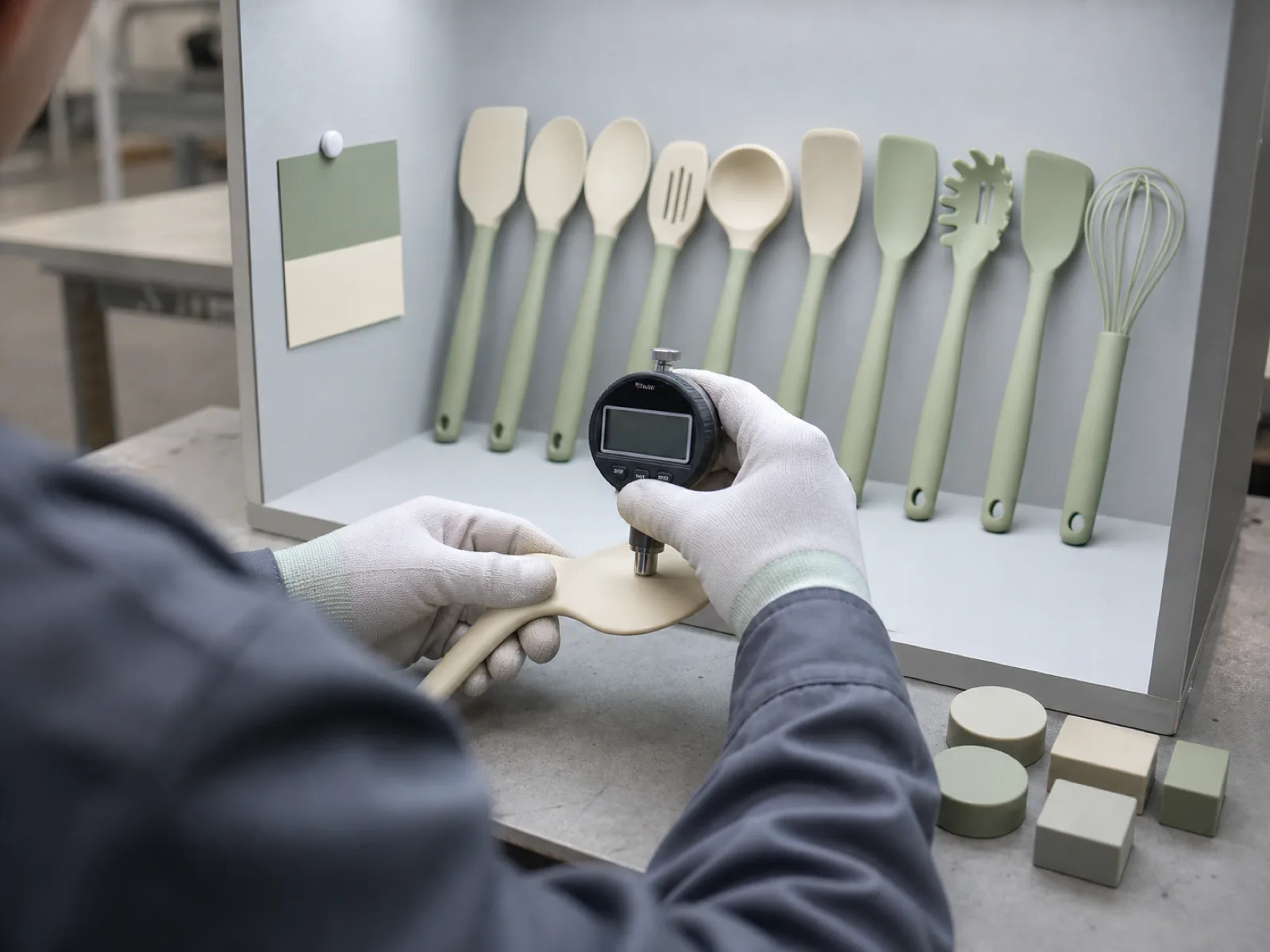 Quality-control technician taking a Shore A durometer reading on a cream silicone utensil head at a D65 light-box station in a Dongguan factory, with the full sage-and-cream utensil set arranged behind for cross-SKU color-consistency comparison against a master swatch.