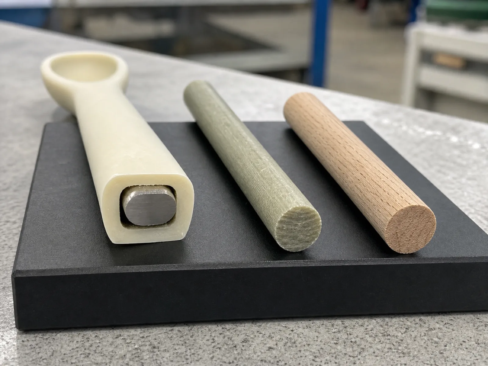 Cross-section display of silicone utensil set handle cores on a QC bench in a Dongguan factory — a cut-away cream silicone spoon showing an encapsulated 304 stainless steel core, a nylon core sample, and a beech-wood core sample laid on a durometer test block in sage-and-cream colorway.