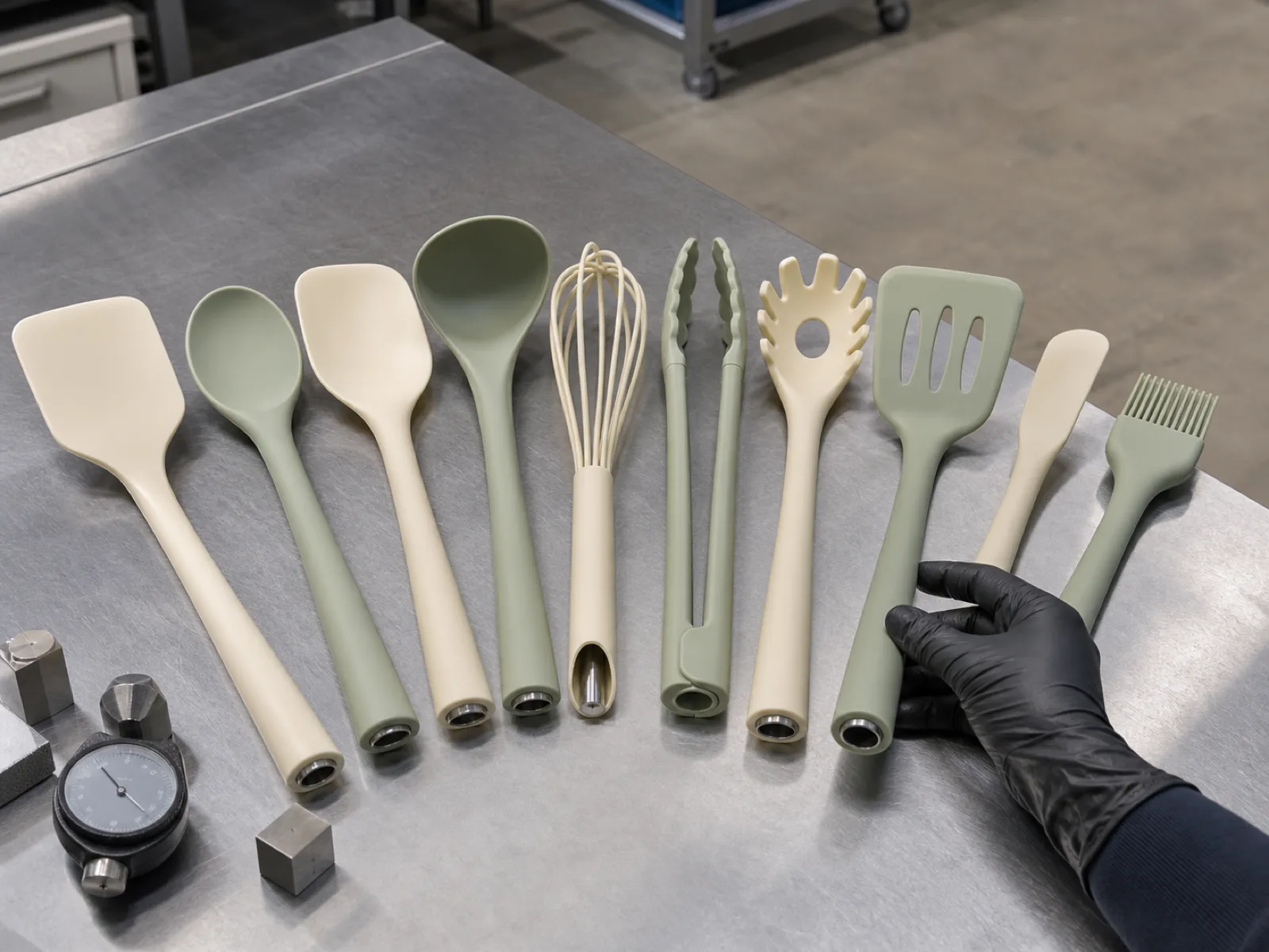Private-label silicone utensil set laid out on a QC inspection bench in a Dongguan factory — cream and sage colorway, ten one-piece cooking tools in a fan layout, stainless steel handle cores visible at the cut ends, engineer's gloved hand checking a slotted turner.
