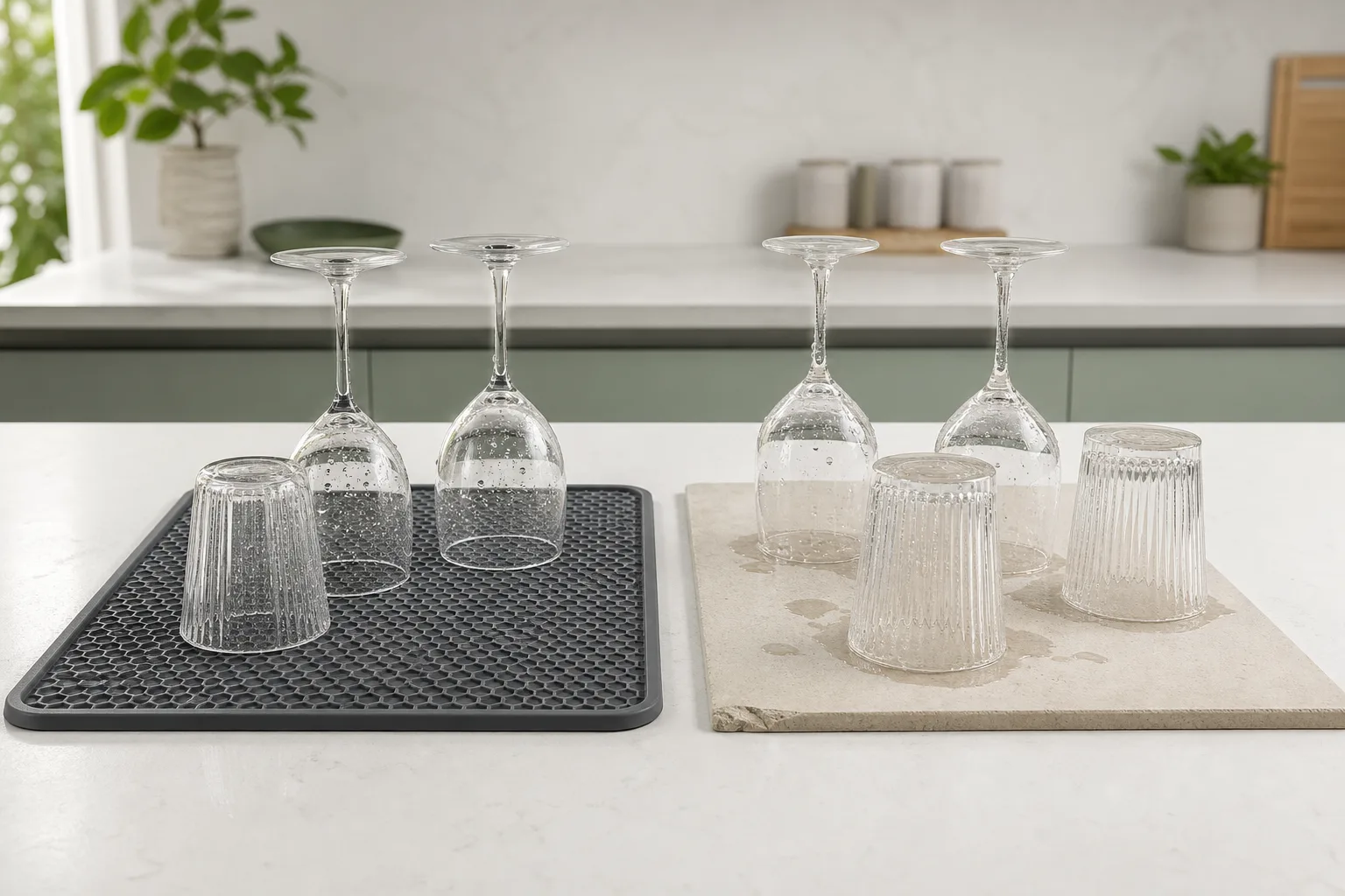 Silicone drying mat and diatomaceous-earth drying mat side-by-side on a kitchen counter with stemware drying on each